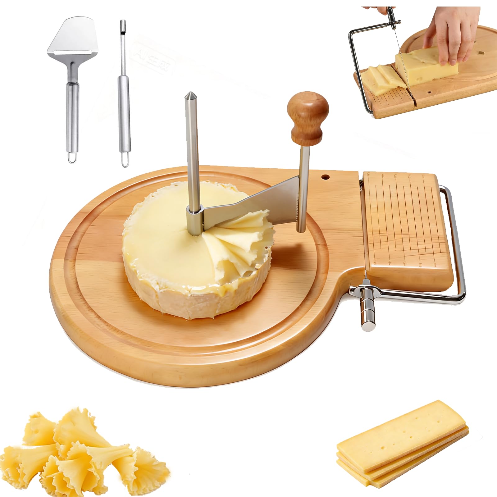 Photo 1 of 2-in-1 Multi-function Cheese Cruler Wheel for Chocolate and Tête de Moine, Cheese Curler & Girolle Shaver with Sharp Blade, Wood Base, Easy to Make Cheese Cruls, Suitable for Home, Parties