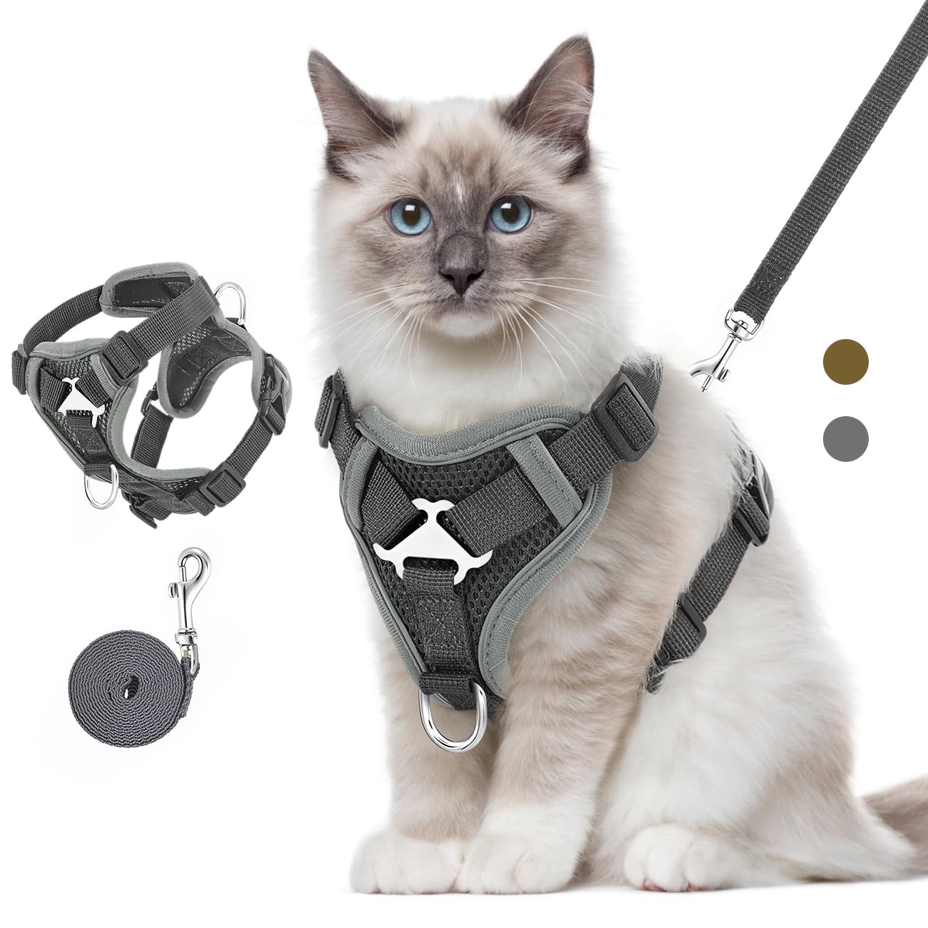 VavoPaw Pettorina per Cani con Guinzaglio da 1,5M, Imbracatura per Gatti Antifuga con Rete Traspirante e Strisce Riflettenti, Gilet Morbido e Regolabile per Cani Gatti, M, Grigio Scuro