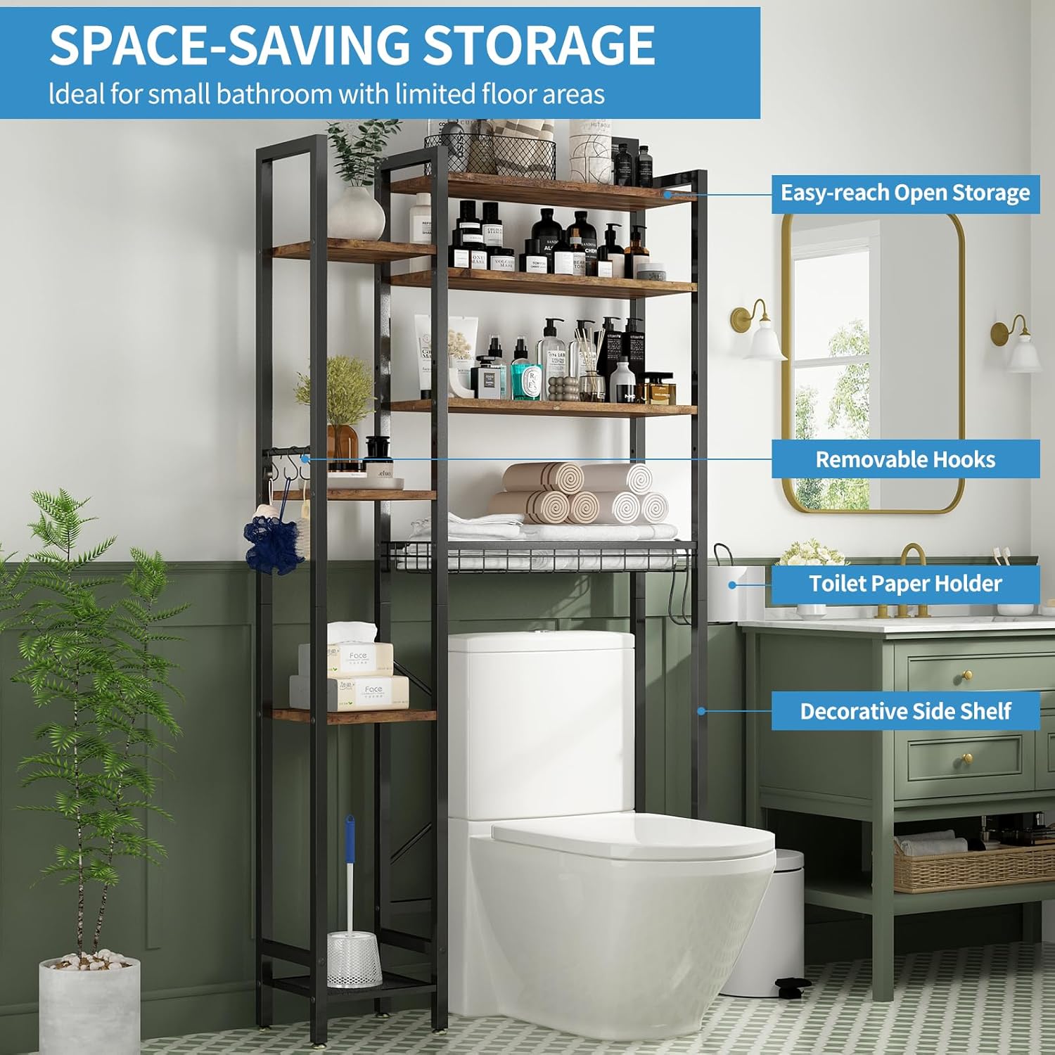 8-Tier Over The Toilet Storage with Side Rack, Over Toilet Storage Rack with Adjustable Shelf & Drain Basket, Freestanding Bathroom Organizer for Balcony, Laundry