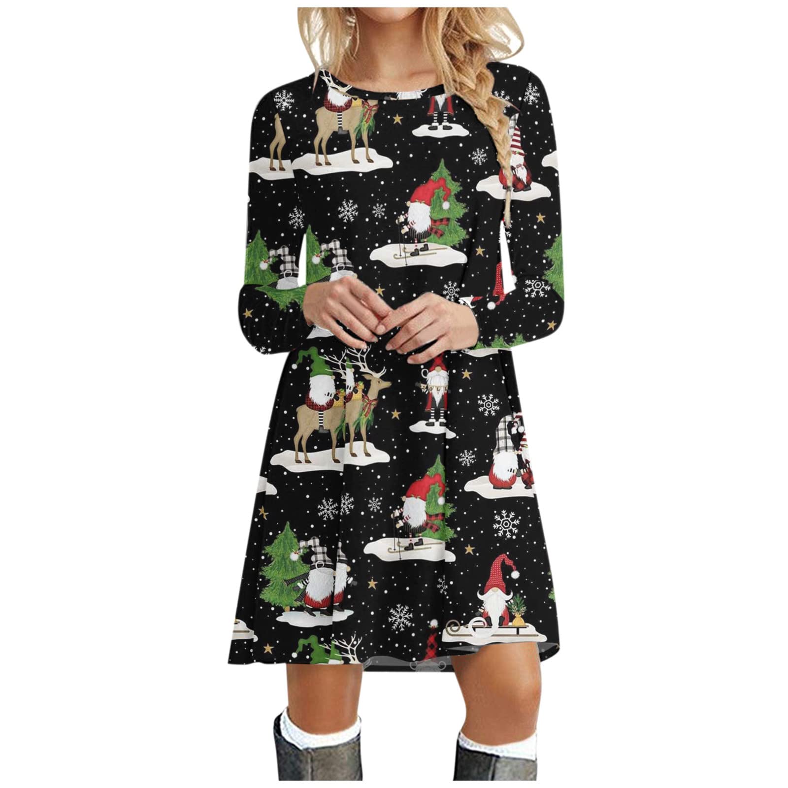 2024A Nieuwe jurk met kerstprint, ronde hals, lange mouwen, grote swing-jurk, bruiloftsjurk voor dames, lange mouwen, blauw, XXL
