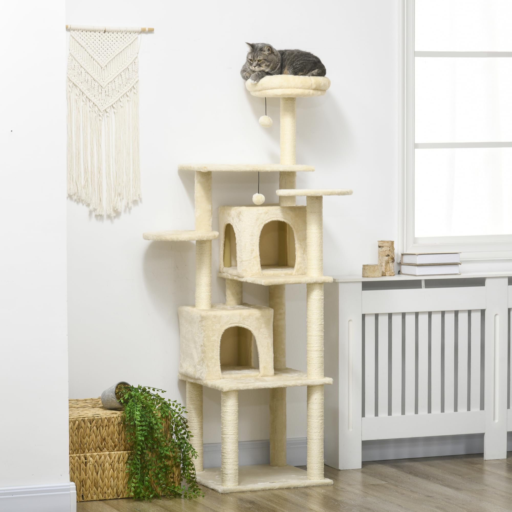 PawHut Albero per gatti albero di arrampicata albero tiragraffi torre gioco altezza 171 cm centro attività con 2 nicchie 6 piattaforme 2 pompons appesi beige