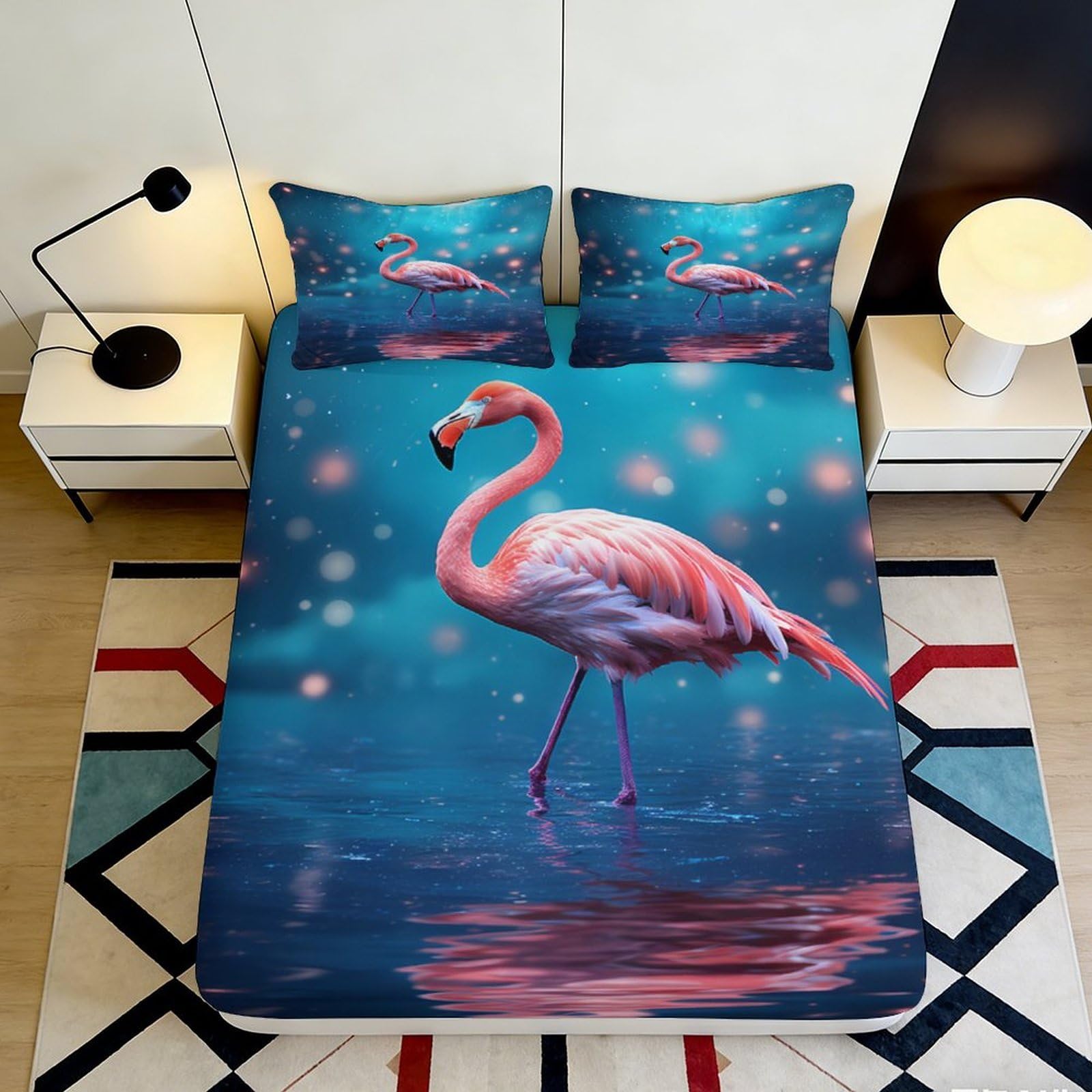 Pnayamiorkfel Style-4 3D Printed Flamingo Lake Fitted Sheet Microfiber Anti-Slip Bedroom Decor Pink Blue Mattress Cover Easy Care 90X200x25cm