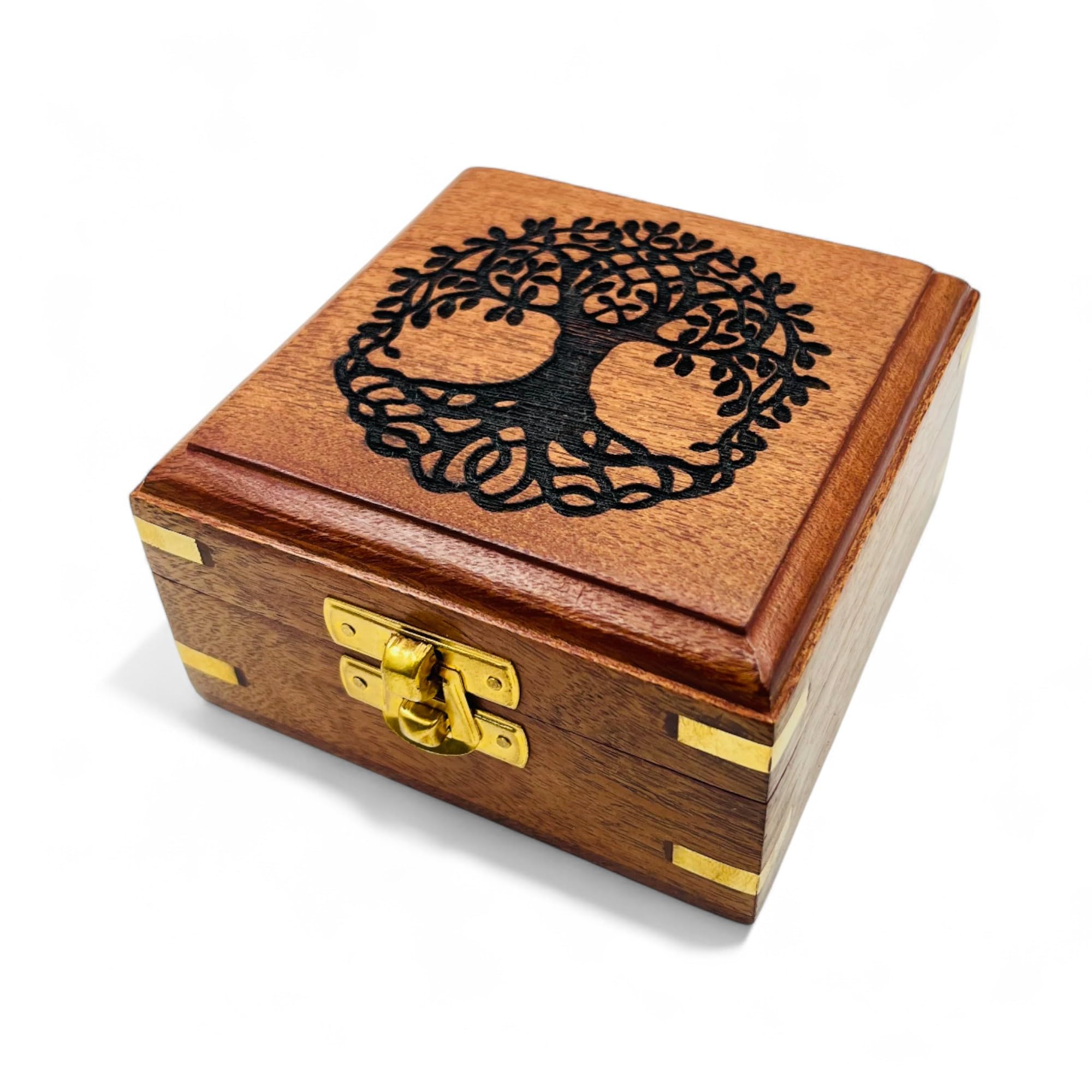 Handmade Wooden Tree of Life Box | Brass Inlay Jewellery & Keepsake Organizer | Rustic Brown Vintage Trinket Box for Tarot, Crystals & Gifts | Sustainable Wood Storage Box (10x10x5.5 cm)