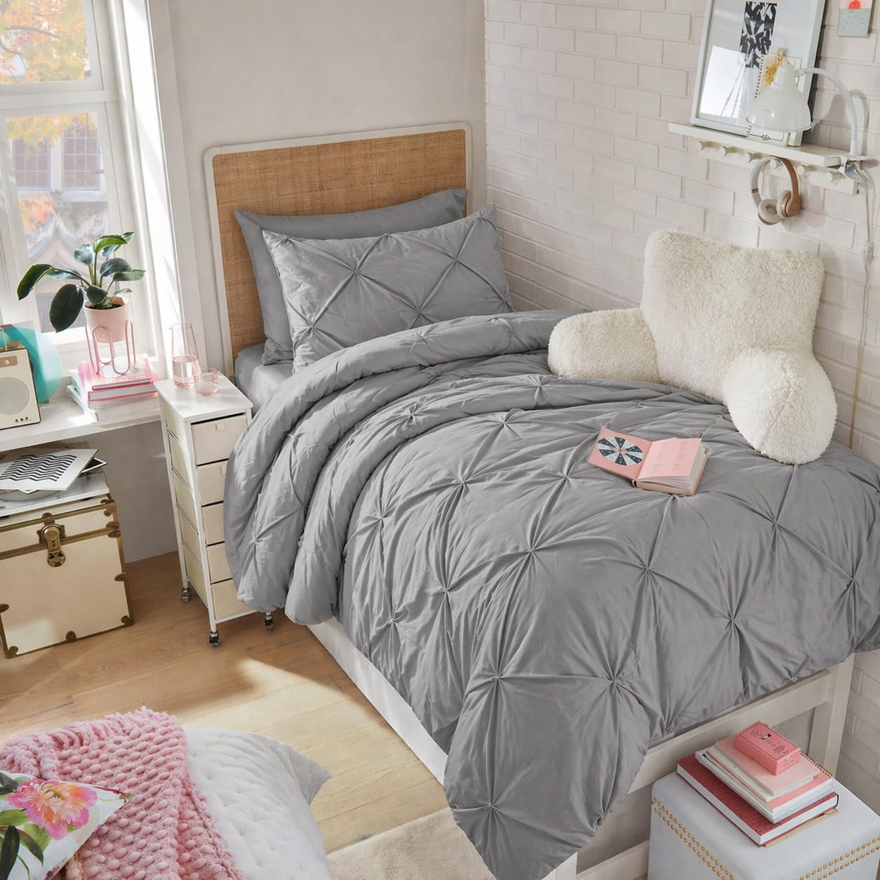 Maple&Stone Set copripiumino per letto queen size, 8 pezzi, grigio plissettato in una borsa, per tutte le stagioni, set con piumino, lenzuola, federe e federe (grigio, matrimoniale XL)