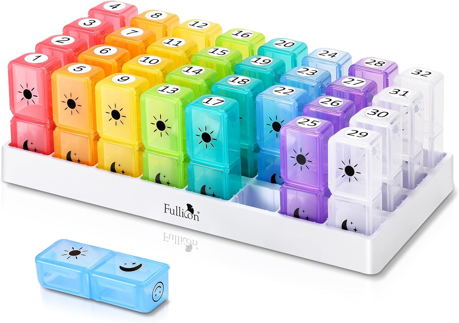 Fullicon Monthly Pill Organizer 2 Times a Day, 30 Day AM PM Pill Box with 32 Large Removable Cases, Medicine & Vitamin Storage for Travel & Home (Rainbow White)