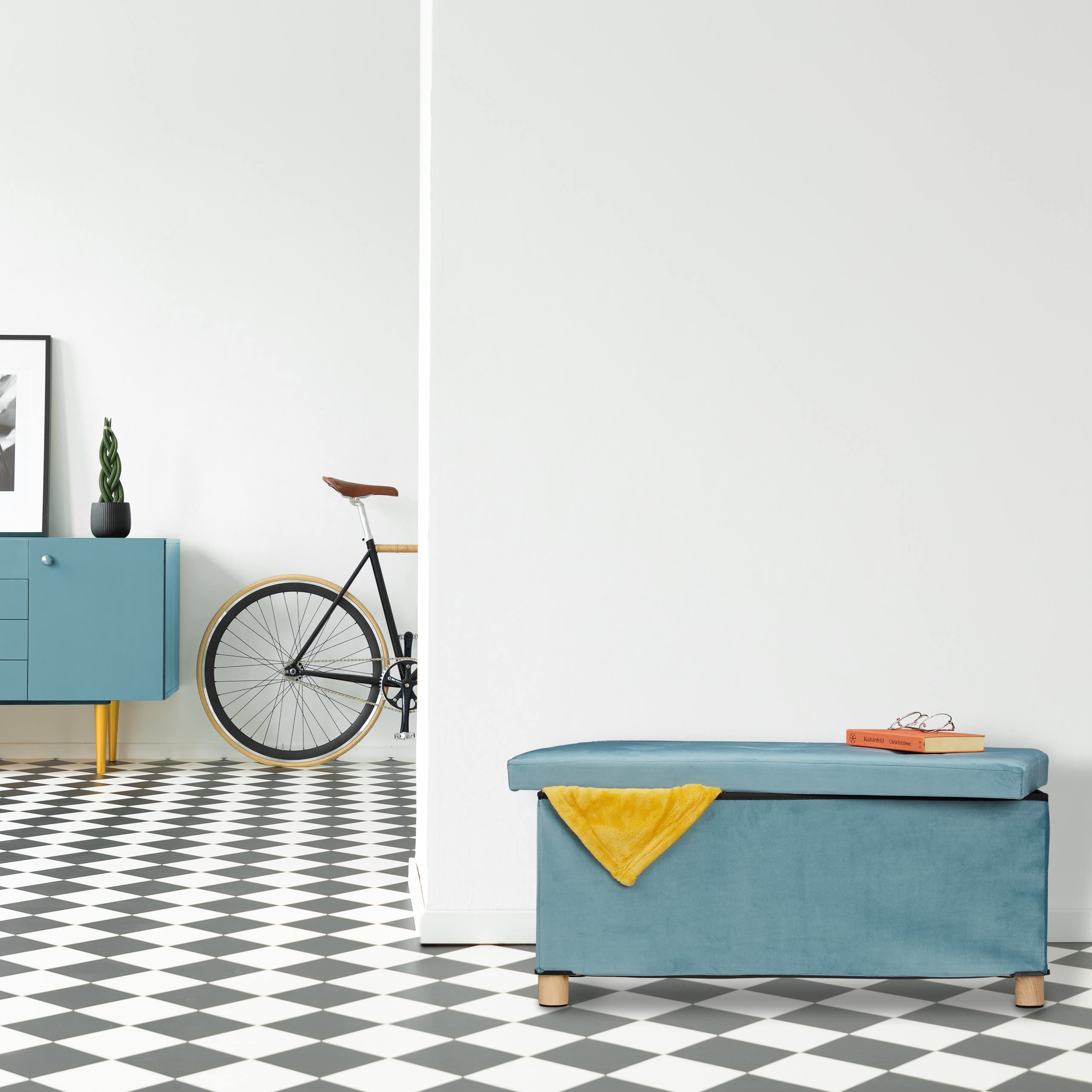 Relaxdays Pouf con Contenitore Vassoio, HxLxP: 34x76x38 cm, Sgabello Portaoggetti Salvaspazio, Panca, Velluto, Turchese