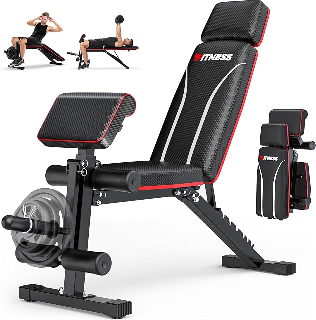 Fostoy Foldable Workout Bench, Adjustable Weight Bench for Home Gym, Multi Functional Gym Bench w/Leg Extension &Preacher Pad, Extra Headrest, Fast Folding Strength Training Incline Sit up Bench 800LB