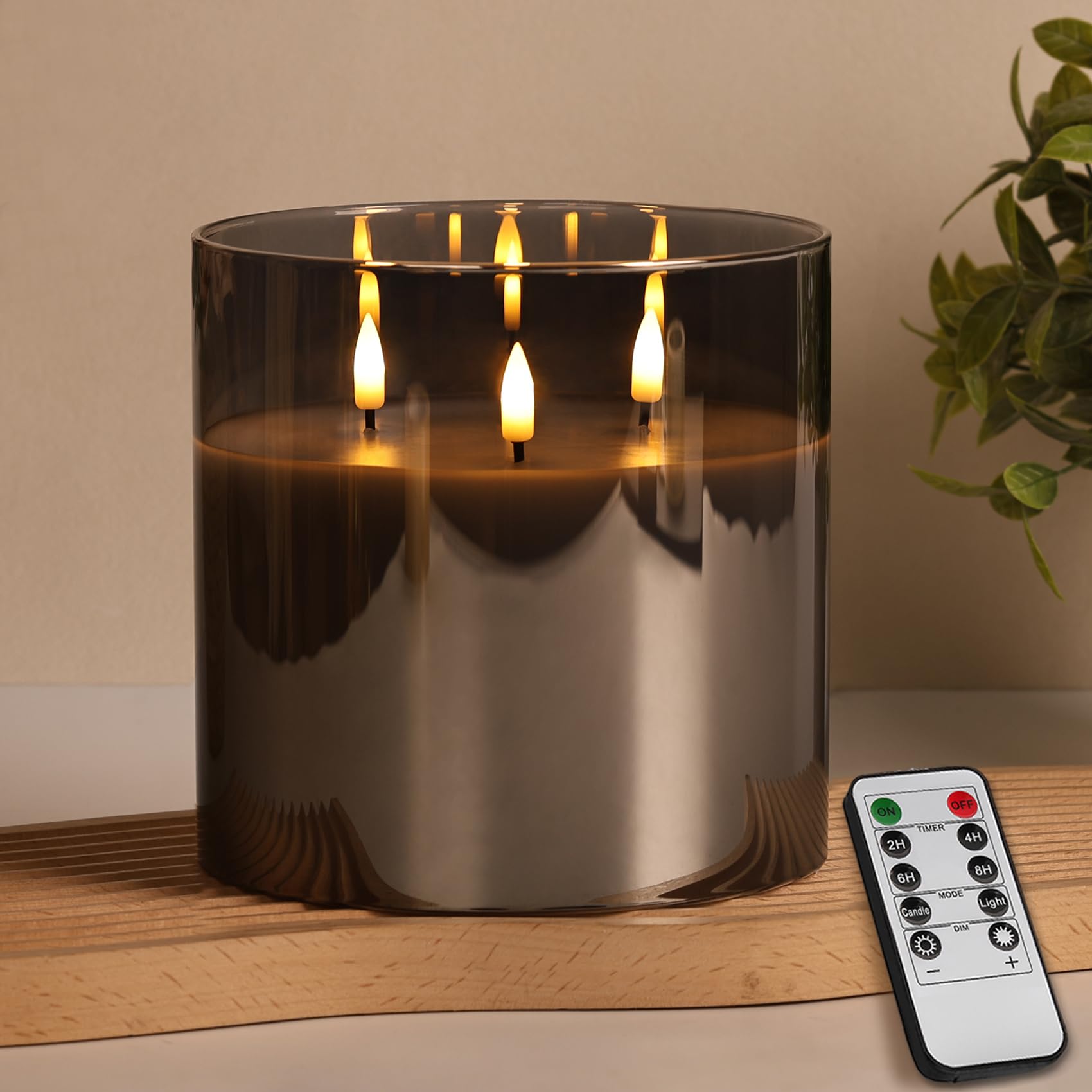 Eywamage 3 Wick Smoke Grey Glass Flameless Candle with Remote, Large 6x6 inch LED Pillar Candle Battery Operated Flickering