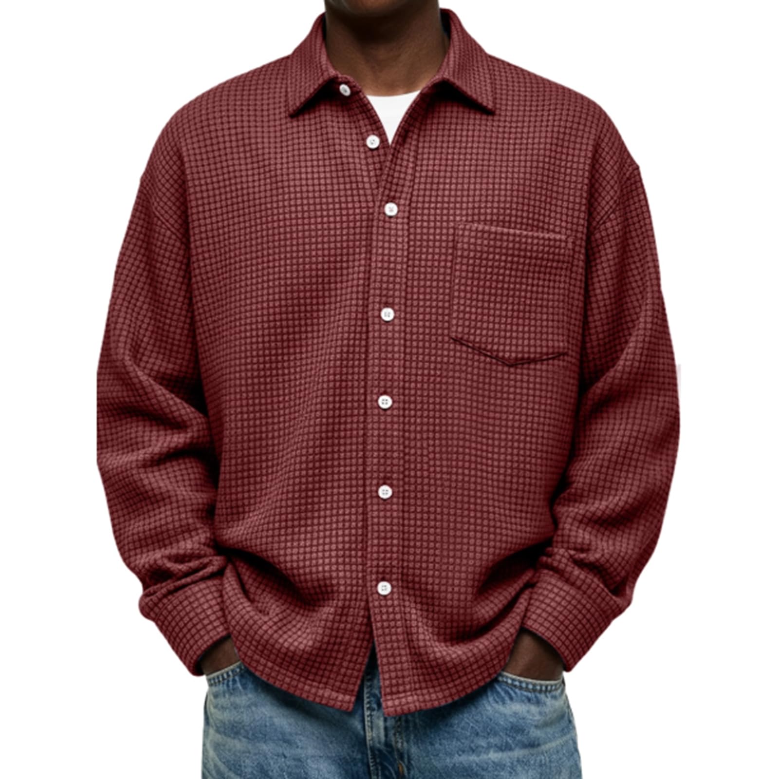eoeioa Quilted Button Down Shirt Men Collared Long Sleeve Shirts Slim Fit Lightweight Comfy Lapel Work Shirts with