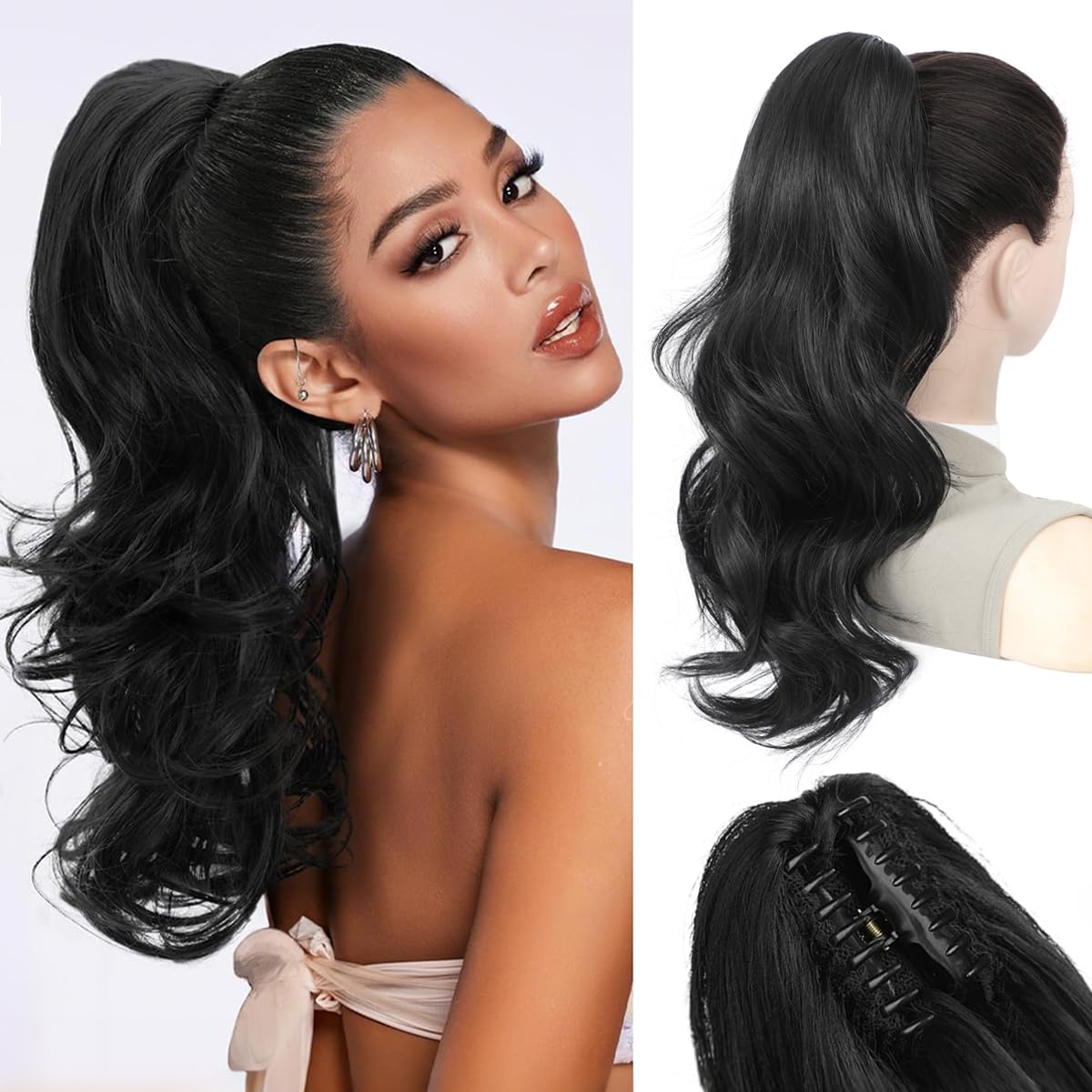 VEGALILY Ponytail Extensions 20inch Clip in Ponytail Hair Extension Black Claw Clip Ponytail Hair Extensions Layered Drawstring Pony Tail Hair Pieces for Women