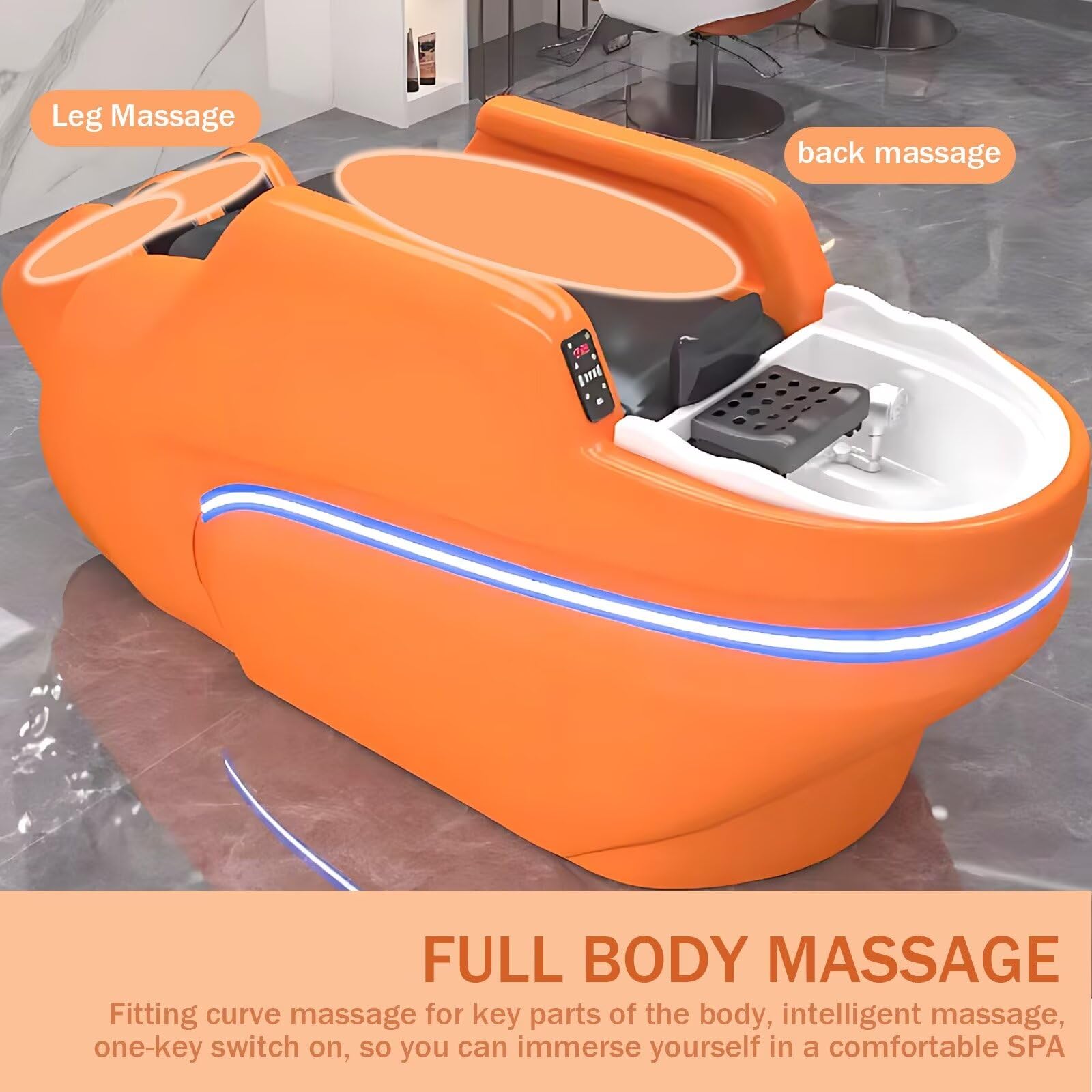 Professionelles Kopf-Spa-Waschliegen-Massagebett mit Leuchtend orangefarbener, stilvoller Ambientebeleuchtung, Ganzkörpermassage und Rückenheizung, Salon-Spa-Ausstattung