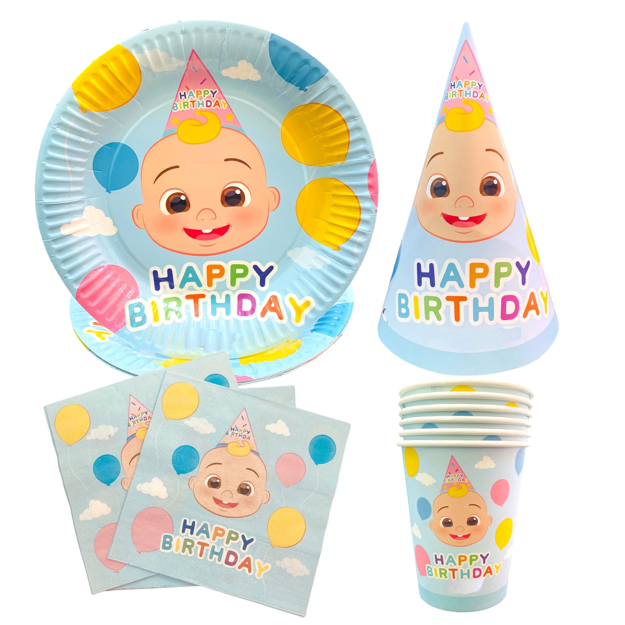 LAFIESTA 36 Pcs Coco Melon Tableware Set – Coco Melon Birthday Decorations – Coco Melon Theme Disposable Party Plates Cups Napkins Hat Set for 6 Guests – Kid’s Party Supplies