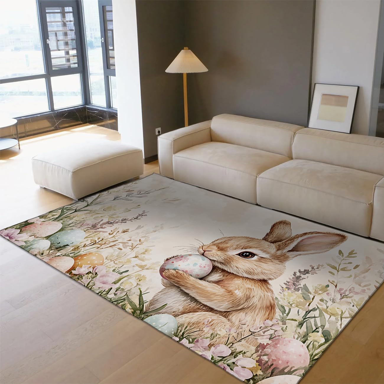Osterhasen Teppich 140x200cm Aquarell Haseneier Blumen niedrig florierter Teppich für Wohnzimmer Kinderzimmer Schlafzimmer Frühling ästhetische Dekoration des Hauses