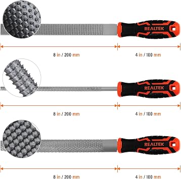 REALTEK 3-Piece 12 Wood Rasp File Set with 4 Longer Rubber Grip, T12 High Carbon Wood File Set for Woodworking, Flat/Half Round/Round Perfect Files for Wood Manual Cutting and Sharping