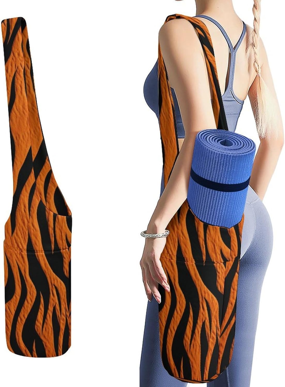 Tiger Stripes Orange Yoga Mat Bag Yoga Backpack Multi Pocket Exercise Yoga Mat Carrier Multi-Functional Storage Bag for Pilates Beach Travel And Everyday Use