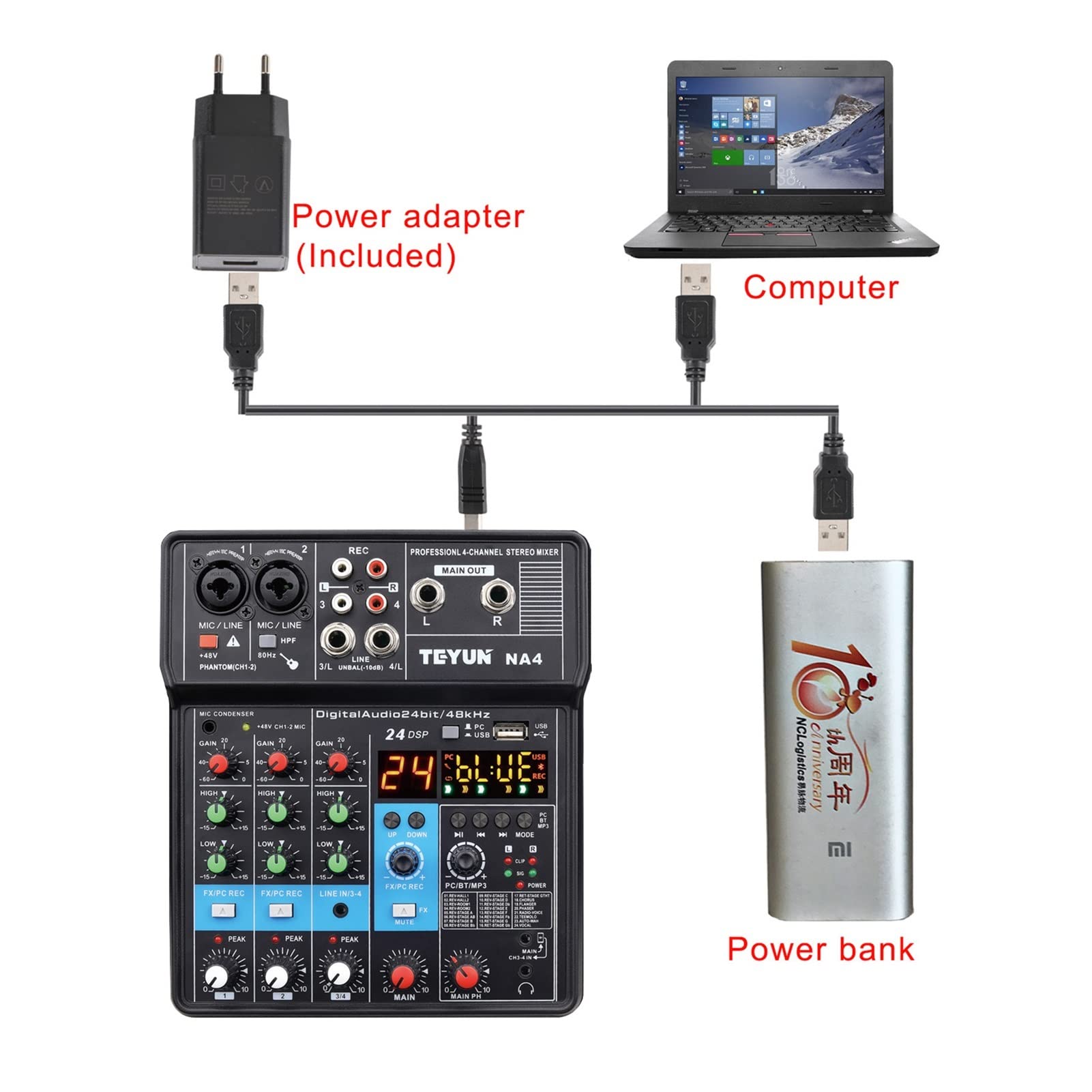Attrezzatura per DJ per Feste Portable Mixing Console 4/6/8 Channel Bluetooth Soundcard USB Play Record PC Playback Mini Audio Mixer Broadcast Podcast NA4(A8)