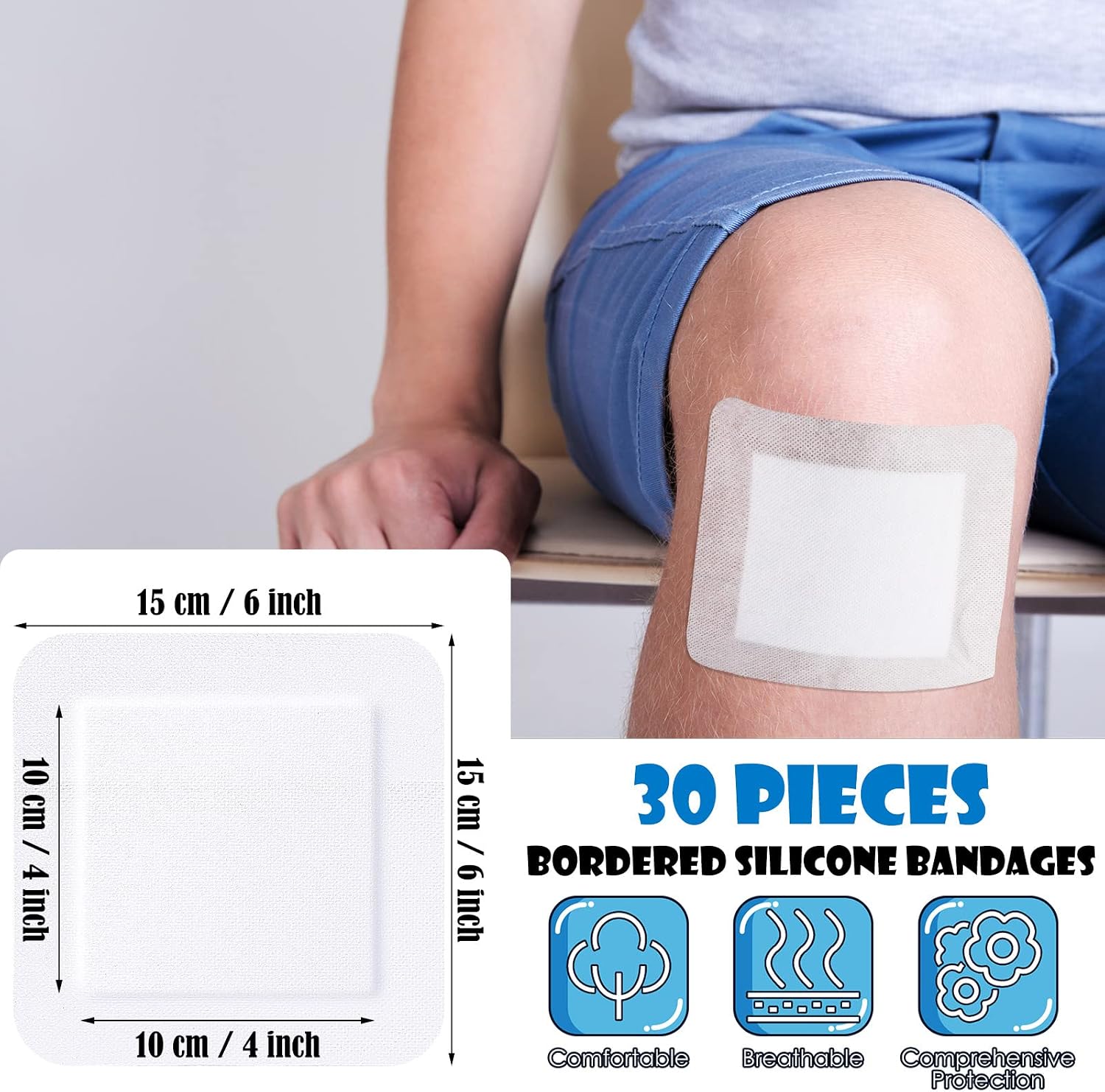 30 Pieces Bordered Gauze-Island Dressing is 6 x 6 Inch Wound Bandage Adhesive Patches Post Shower Pads Breathable Borders Individually Packed Pouches