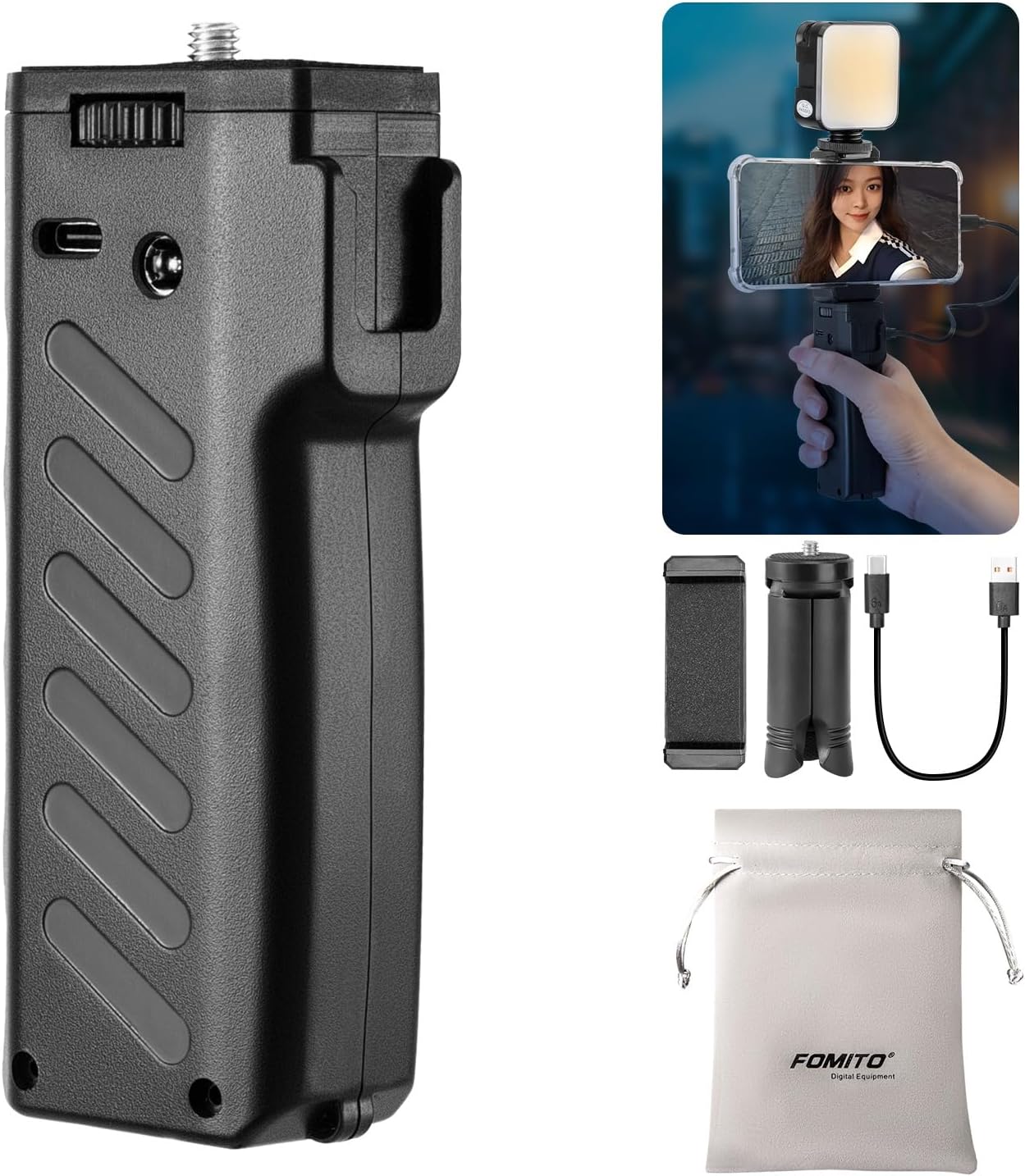 FOMITO VB-38W Charging Grip for Camera & Phone 6000mAh Battery 18W Fast Charging One-Handed Stabilizer with 1/4" Screw Honeycomb Anti-Slip & Ergonomic Design