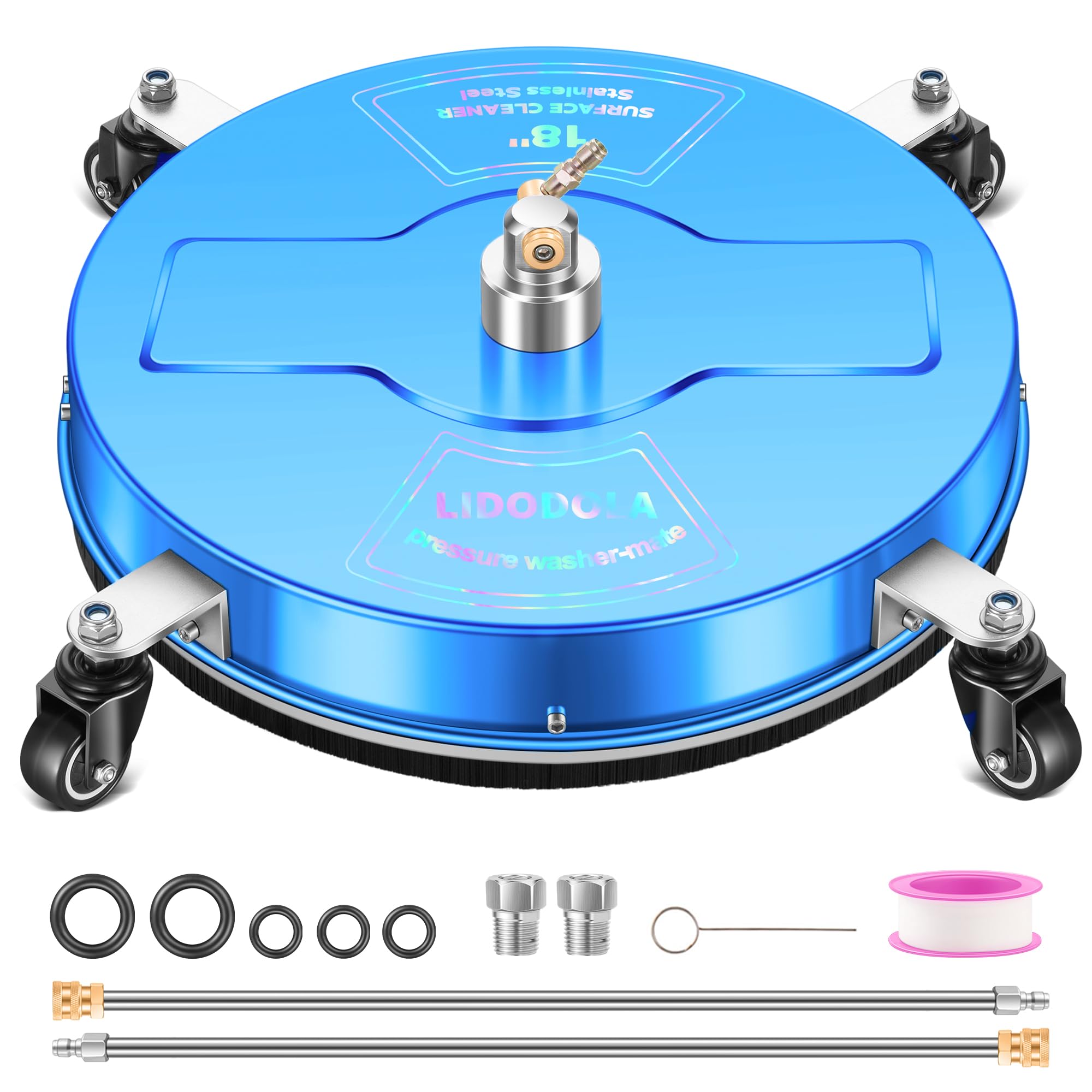 18" Pressure Washer Surface Cleaner with 4 Wheels - Coated Blue Stainless Steel Surface Cleaner for Pressure Washer Attachment for Concrete, Driveway, Patio, Sidewalk, Deck and Driveways - PWS18B