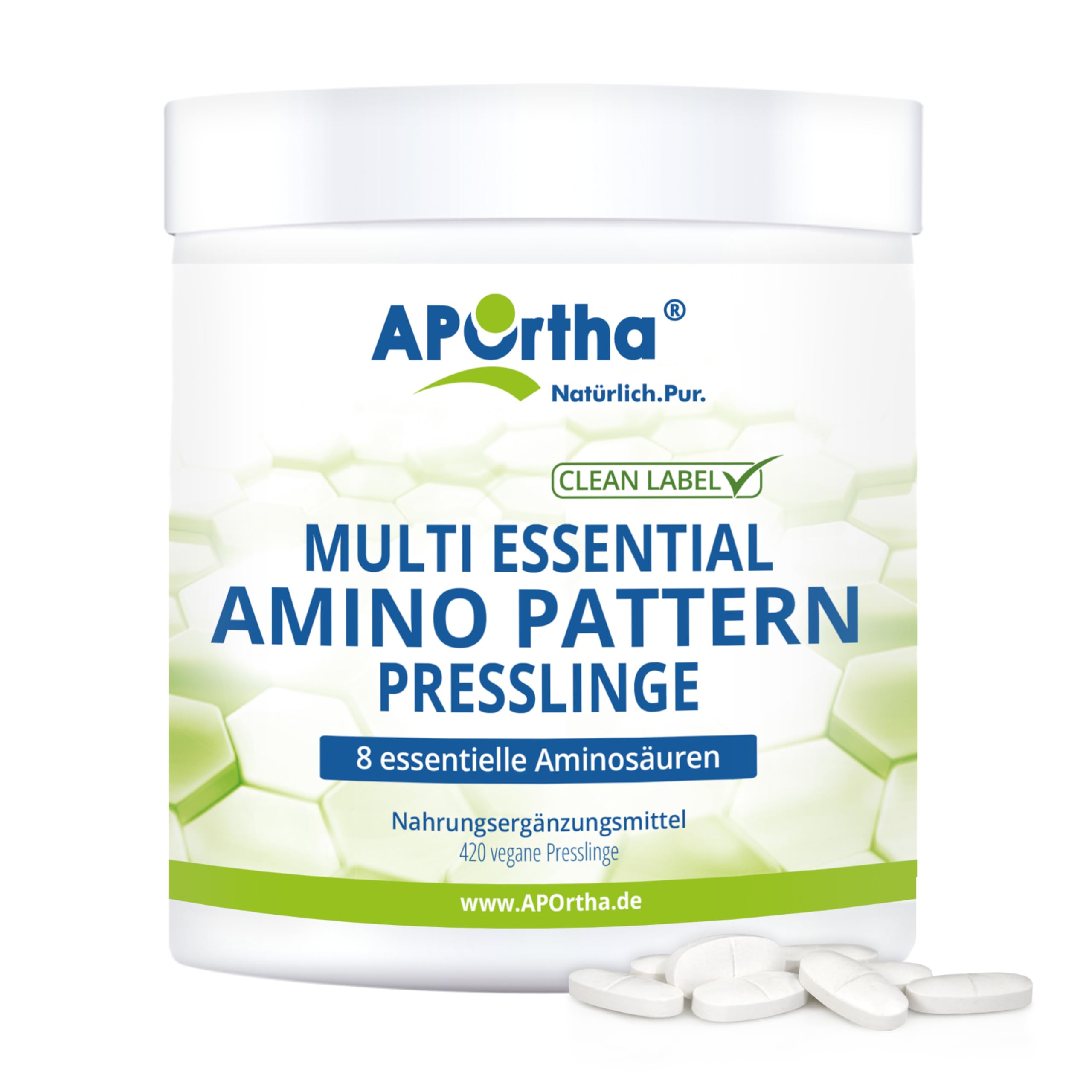 APOrtha® Amino Pattern Presslinge – 420 Presslinge mit 8 essentiellen Aminosäuren nach Prof. Dr. Lucà-Moretti, ausgewogenes Aminosäuren-Profil, EAA Presslinge, vegan