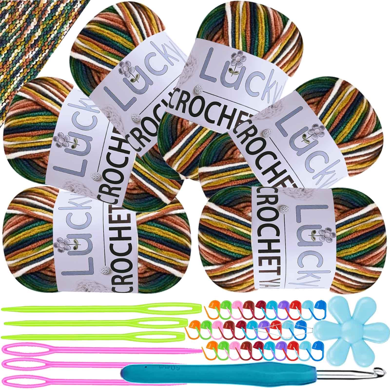 Crochet Yarn Double Knitting Wool (6X50g), Multicoloured Acrylic Yarn Crochet Wool with Aluminum Crochet Hooks Stitch Markers for DIY Craft Blankets Socks Dolls (Coffee Green Blue)