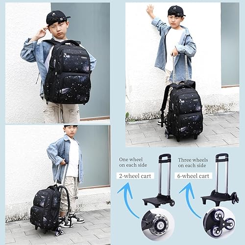 Miniatura 3 de Mochilas con ruedas para niños, mochila con ruedas para escuela, bolsas de carrito con ruedas y bolsa de almuerzo, negro, (Black-Starry Sky),