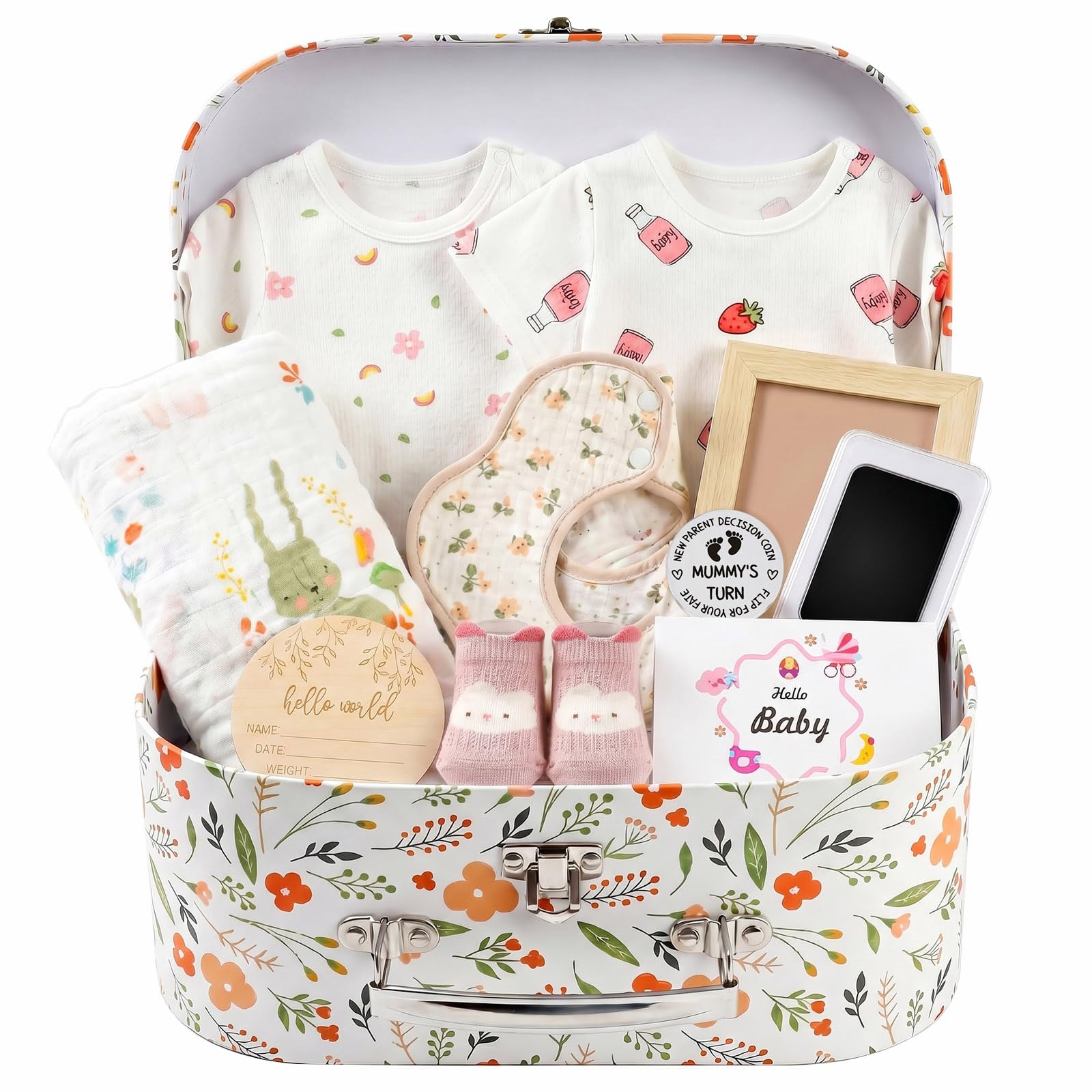 Cadeau Coffret Naissance Fille Garcon 11Pcs Coffret Cadeau Baby Shower Mixte avec Body Bavoirs Chaussettes Serviette Pièce Décision Cartes de Jalons Cadre Photo Cadeaux Nouveaux Parents Bébé
