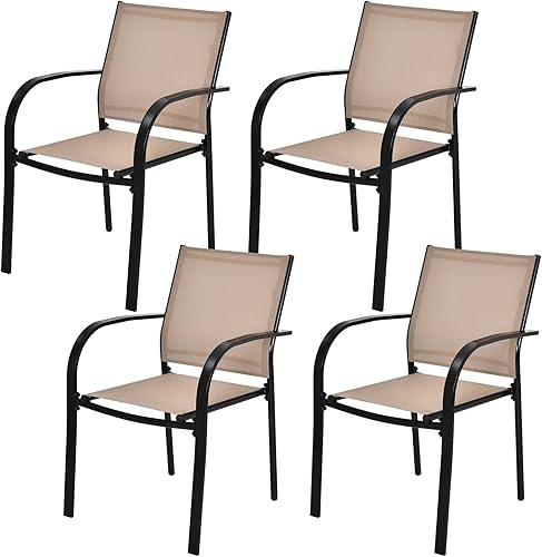 Tangkula Juego de 4 sillas de comedor de patio, sillas apilables al aire libre con apoyabrazos, marco de acero antioxidante y tela de secado rápido, Tangkula Juego de 4 sillas de comedor de patio, sillas apilables al aire libre con apoyabrazos, marco de acero antioxidante y tela de secado rápido,