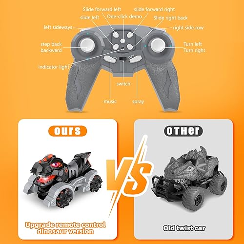 Miniatura 5 de Autos RC Juguetes de dinosaurio, 114, 2.4 GHz, auto de control remoto, camiones monstruos con música ligera y aerosol, 1200 mAh recargable RC
