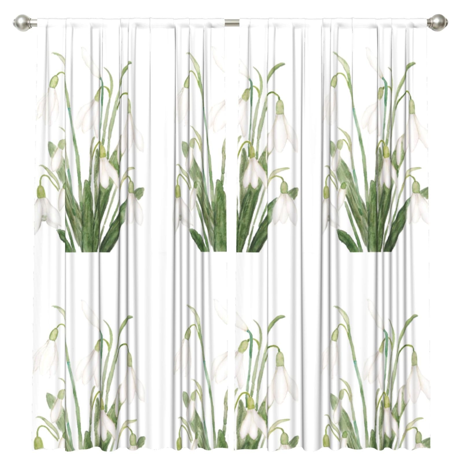 InOmak White Snowdrop Flower Botanical Watercolor Painting, 2 Panels Window Curtains 52 x 84 Inch Blackout Curtains for Living Room Bedroom