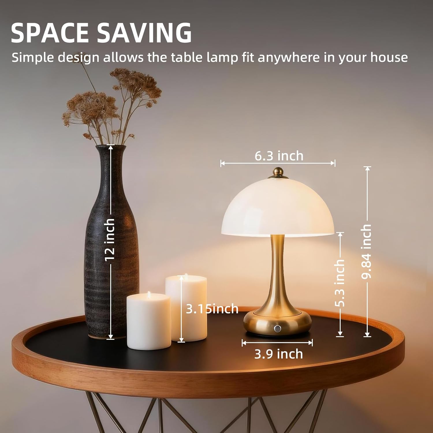 Rechargeable Cordless Table Lamp, Mushroom Touch Lamp with 3-Way Dimmable Control, 3000mAh Battery Powered LED Desk Lamp, Small Bedside Lamp for Bedroom, USB Charging, Home & Office Decor, Gold