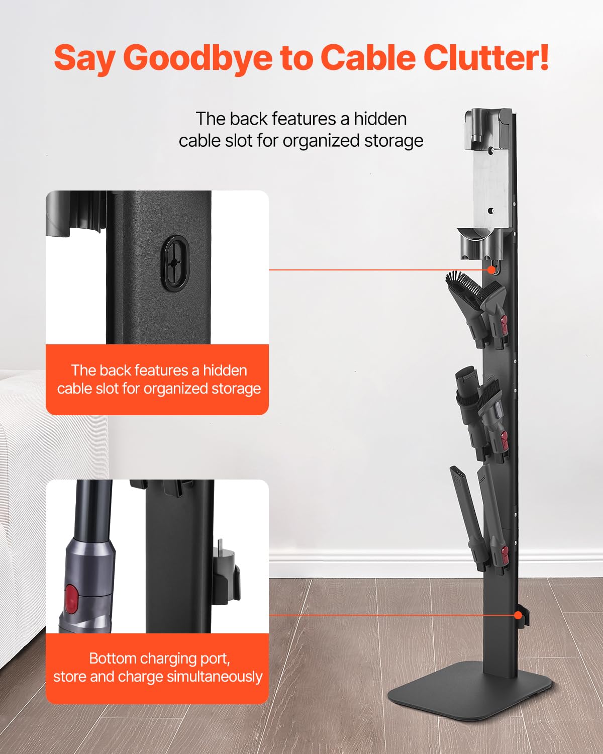 VEVOR Support d'Aspirateur pour Dyson G5, V15, V12, V11, V10, V8, V7, V6, Porte-aspirateur Vertical Rangement Stable avec Accessoires, 6 Crochets et Patins Antidérapants, pour Espaces Restreints, Noir