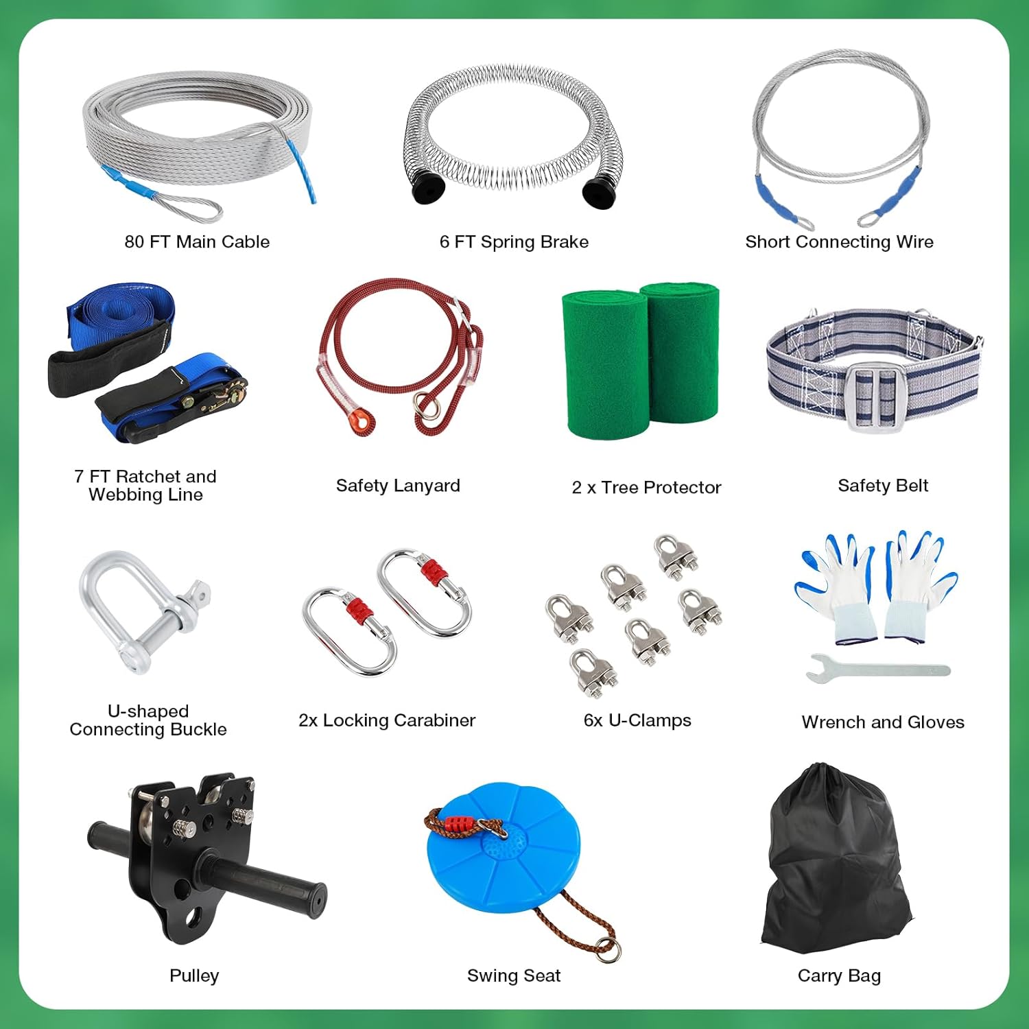 FAHKNS 80FT Zip Line Kit for Kids Adults: Up to 400LBS Quick Tighten Zipline for Backyard with Rust Proof Removable Trolley,Spring Brake,Height Adjustable Seat,Outdoor Kids Play Equipment