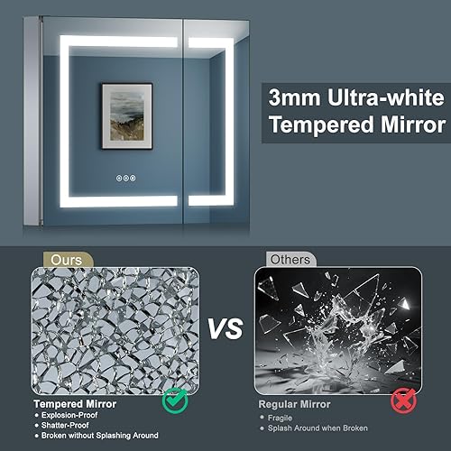 Miniatura 7 de Botiquín mejorado con espejo templado con luces de 30 x 26 pulgadas, enchufable o cableado, antivaho, 3 coloresregulable, aleación AL, 2 salidas y