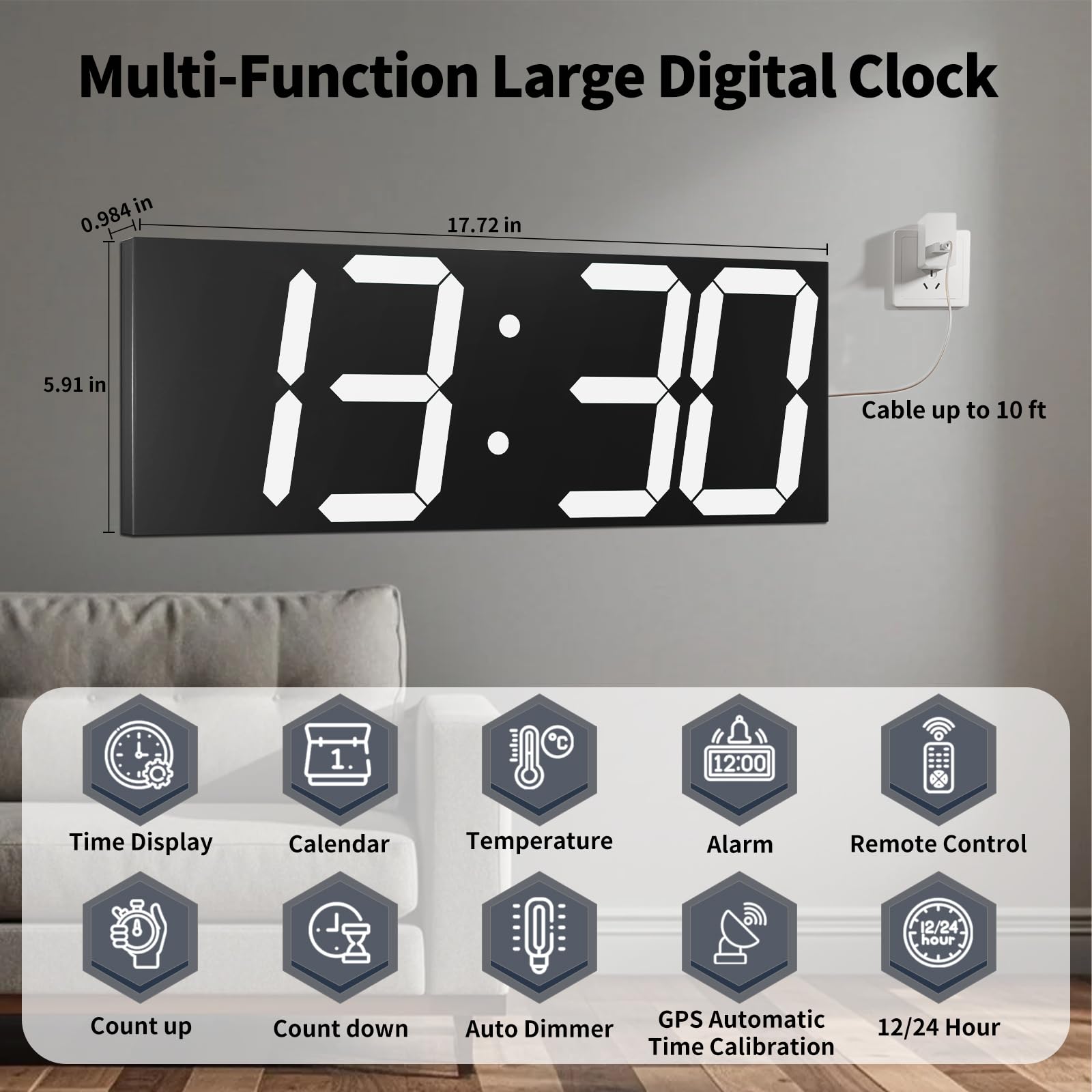 CHKOSDA Orologio da parete digitale automic, 47 cm, orologio digitale a LED con ampio display, orologio da parete multifunzione con sveglia e timer, sincronizzazione automatica dell'ora con luminosità