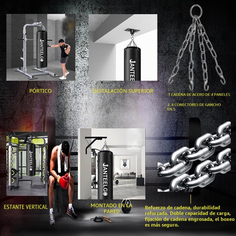 Saco de Boxeo Sospeso e Saco Boxeo Adulto Sin Relleno JanTeelGO 100 cm Materiale PU con Catena di Montaggio e Gancio a Soffitto Uomo Donna Adolescenti Bambino MMA Kick Boxing Muay Thai Karate