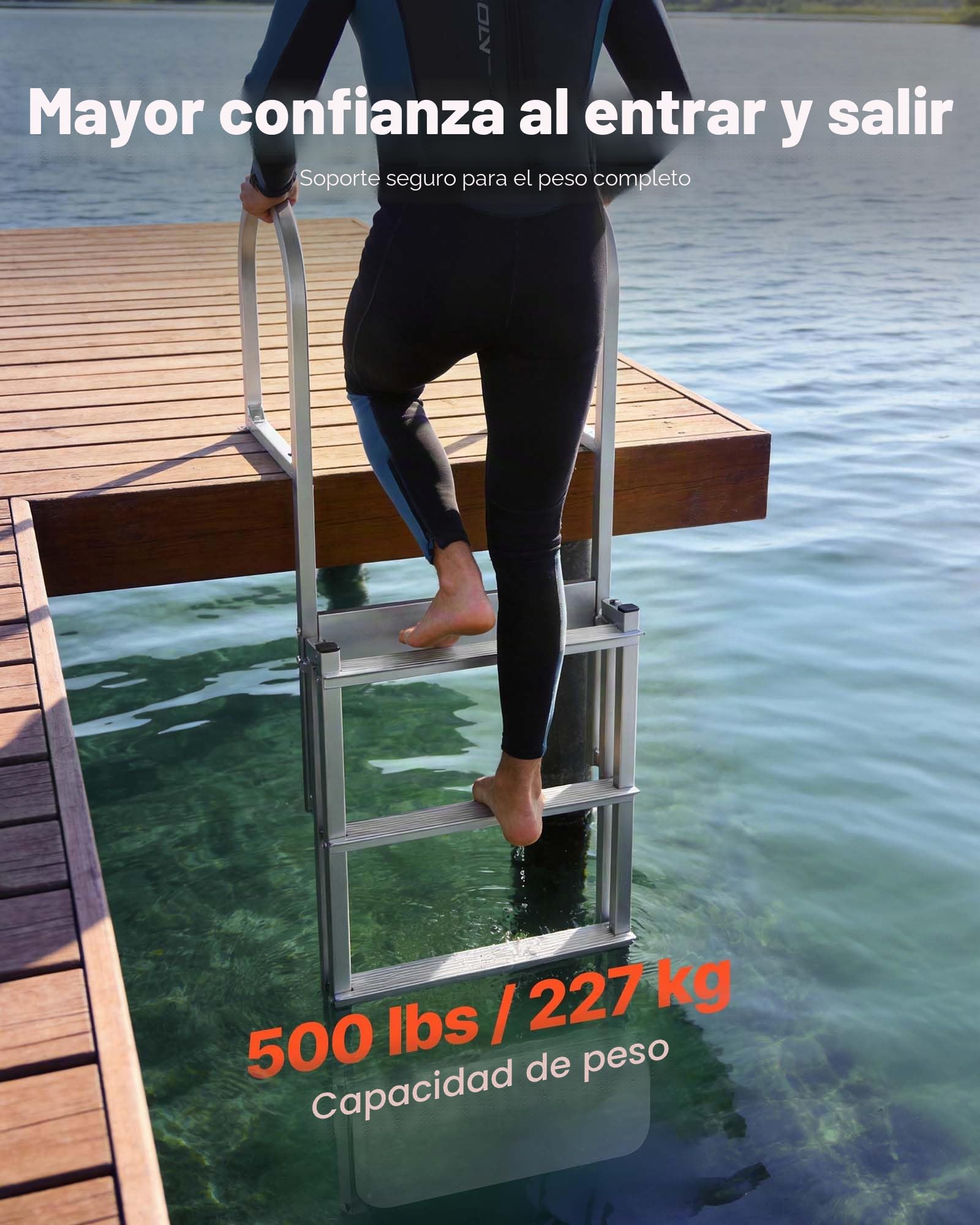 VEVOR Escalera de Muelle Capacidad de 227 kg con 4 Peldaños Antideslizantes, Pasamanos, Escalera Retráctil de Aluminio con Elevación Automática para Pontón Lago Barco Piscina Plataforma de Natación