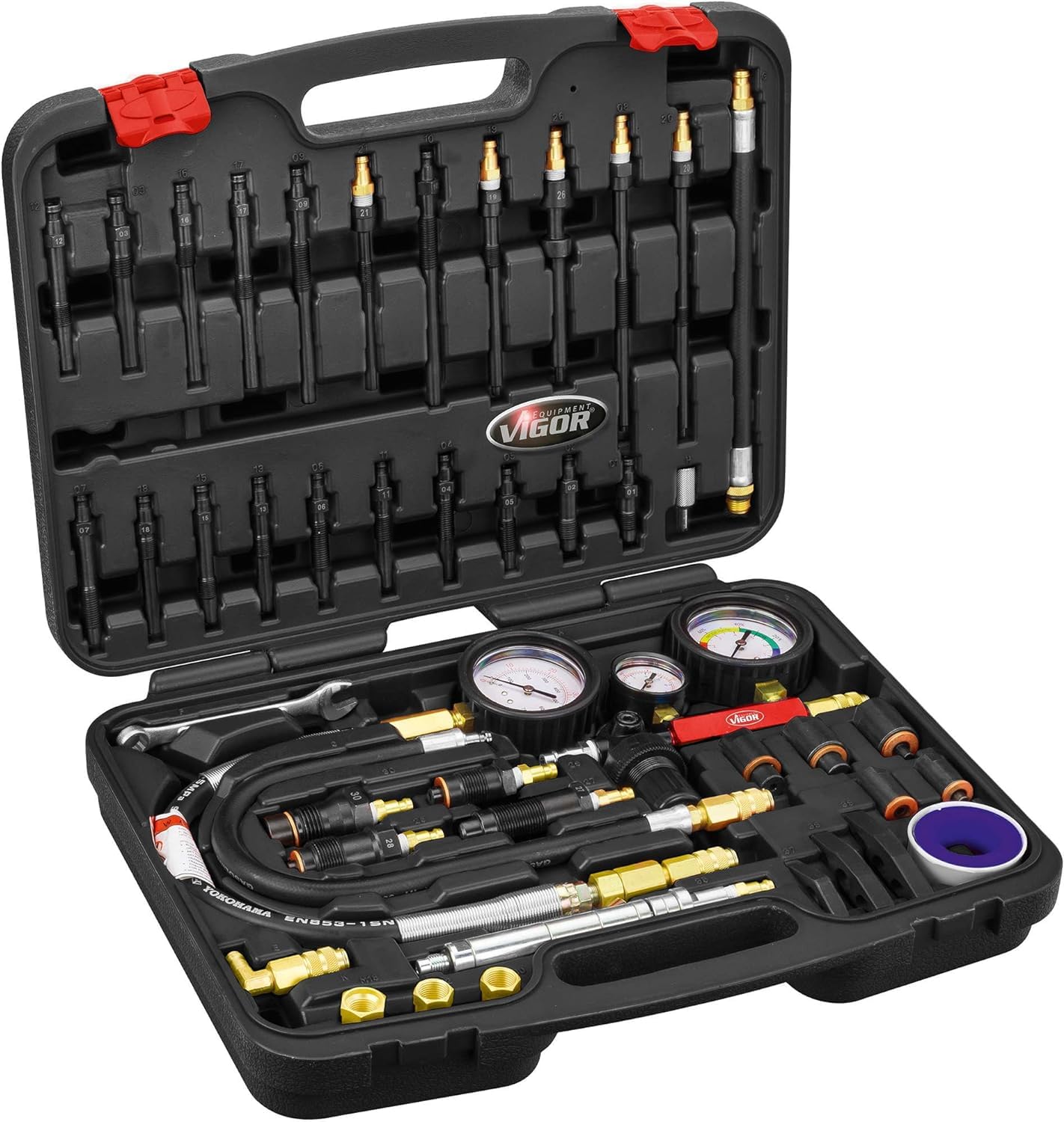 VIGOR compression and pressure loss tester set V4461, for diesel and petrol engines, professional testing of compression or pressure loss for most car, truck and other engines' motores | 4890 g, 48 piezas, para motores diésel y gasolina, adaptador de bují