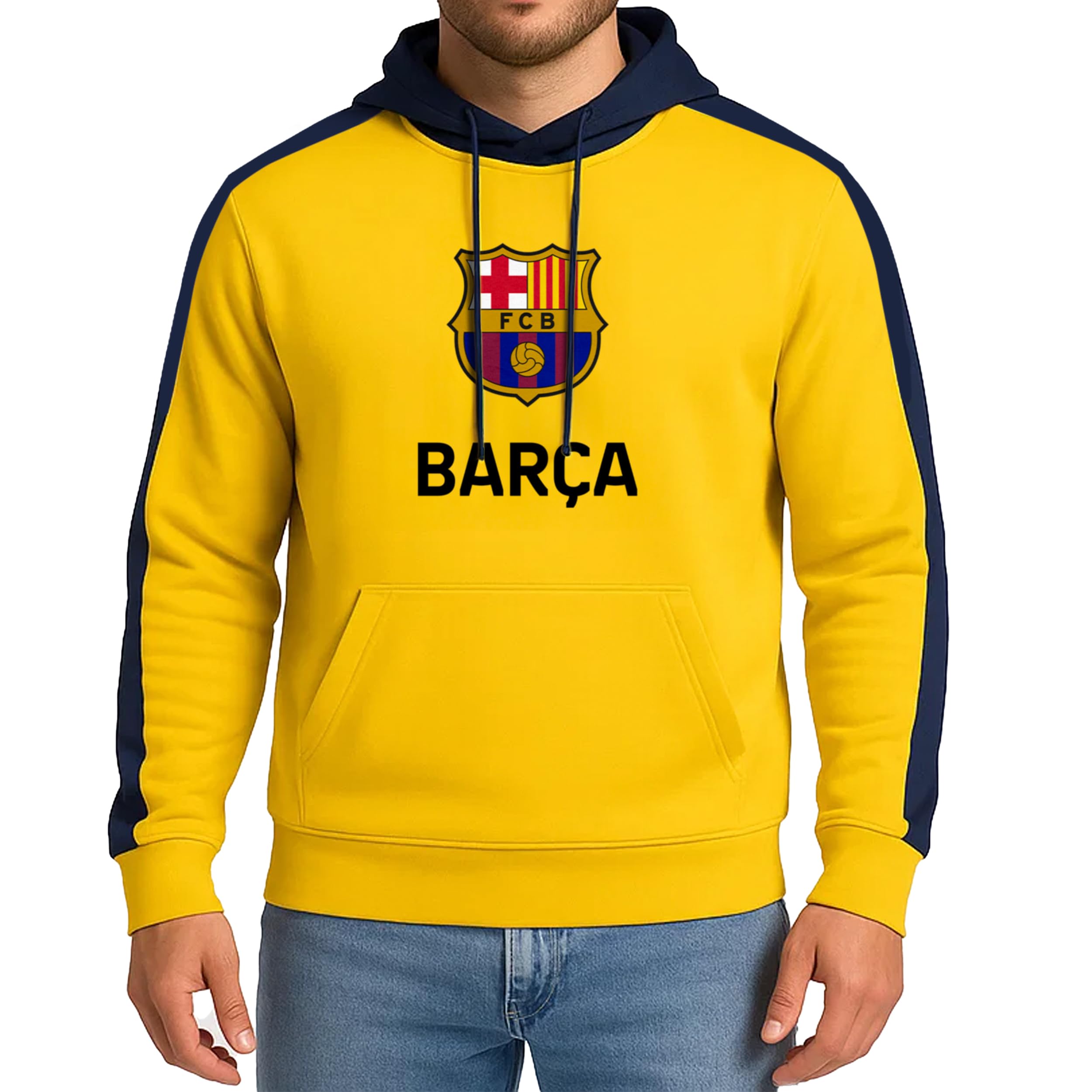 Icon Sports FC Barcelona Officially Licensed Barça Adult Men's Pullover Hooded Sweatshirt Yellow