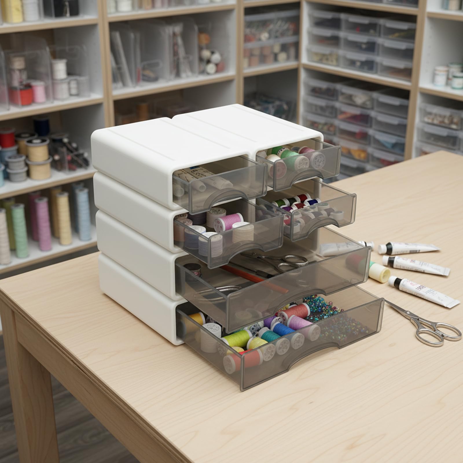 Organizer da scrivania bianco con 6 cassetti, impilabile, per ufficio e casa, moderno sistema di archiviazione per cosmetici, cancelleria e documenti, in plastica, antipolvere