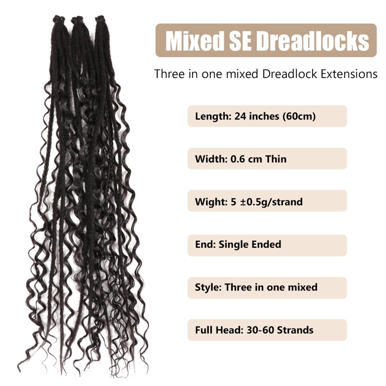 24 Inch Synthetic Dreadlock Extensions Hippie Single Ended Dreads 0.6 cm Width Loc Extensions Reggae Style Crochet Hair for Women (1B# - Image 2