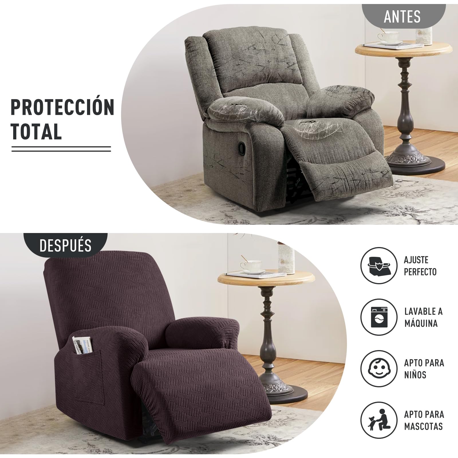 KinCam Funda Sillon Relax reclinable, Funda para Sillón Relax de Jacquard, Funda Sillon orejero Funda Elástica con Bolsillo para Perros y Mascotas, Suave y Lavable Funda Sofa 1 Plaza Café