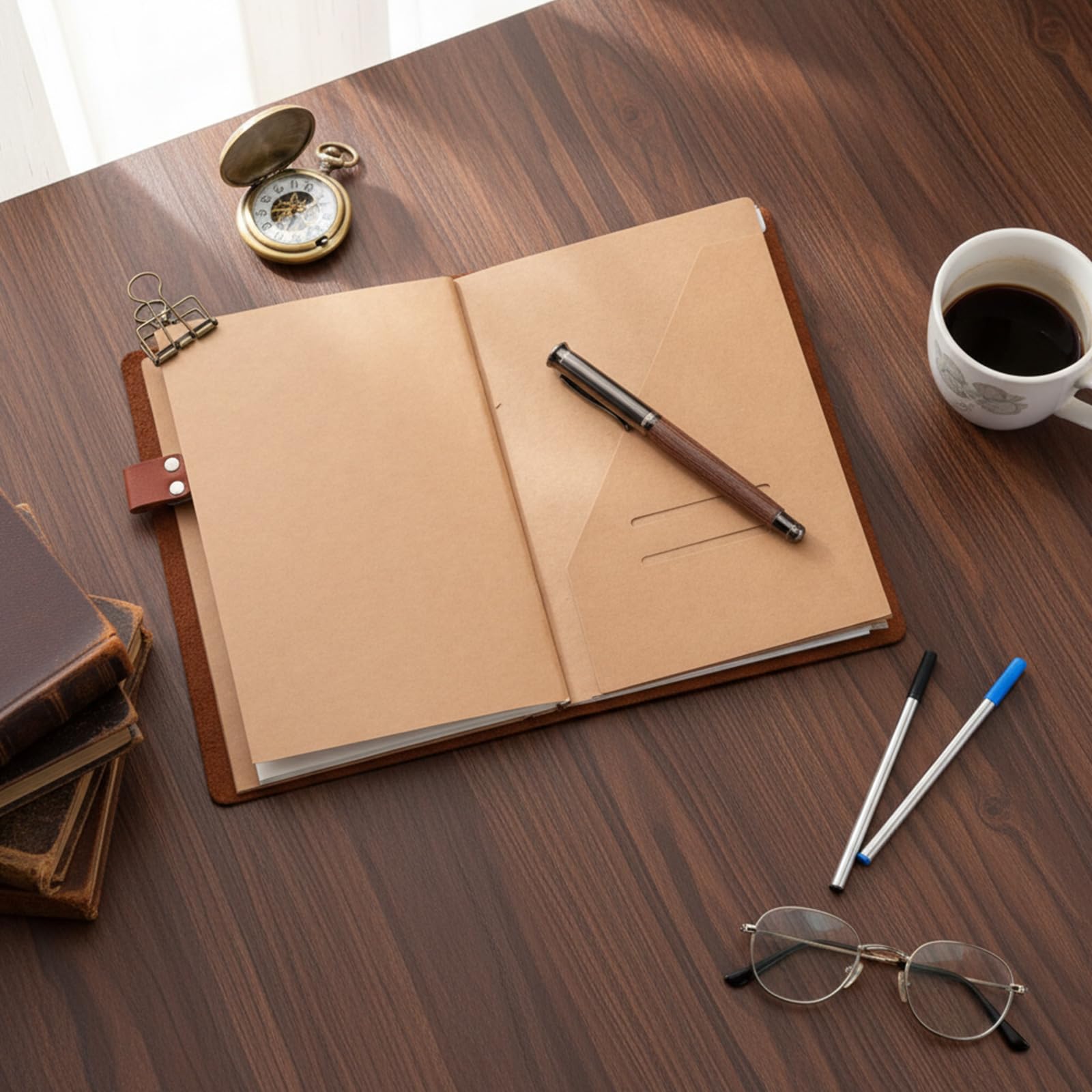 Thenshop Diario de viaje de cuero recargable, hecho a mano, para hombres y mujeres, con 3 insertos para cuaderno, soporte para bolígrafos, clip para carpeta
