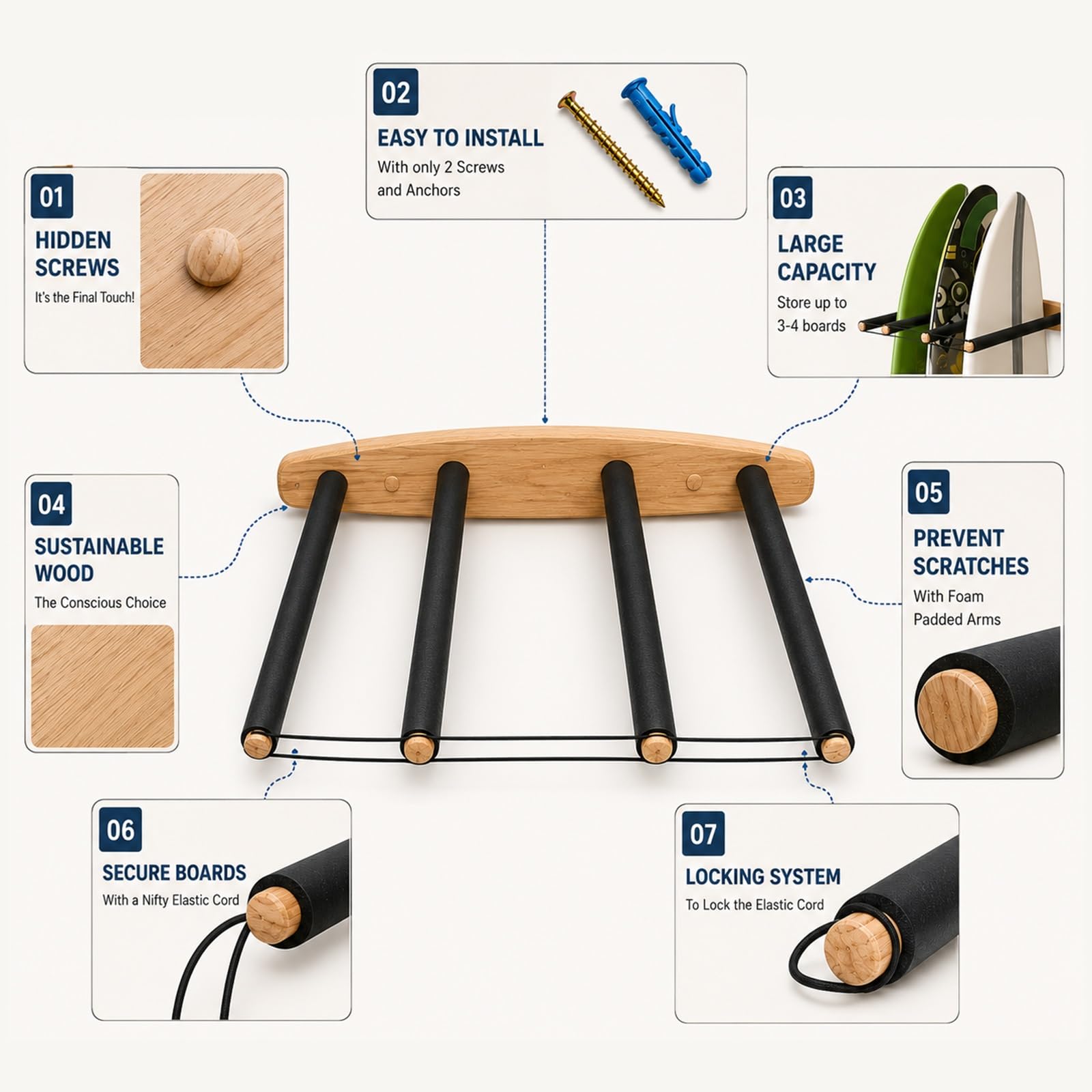 Soporte Vertical for Tabla de Surf, 4 Brazos (3 a 4 Tablas), Madera Dura Sostenible, Soporte de Pared for Surfboard for Shortboard, Skateboard y Wakeboard