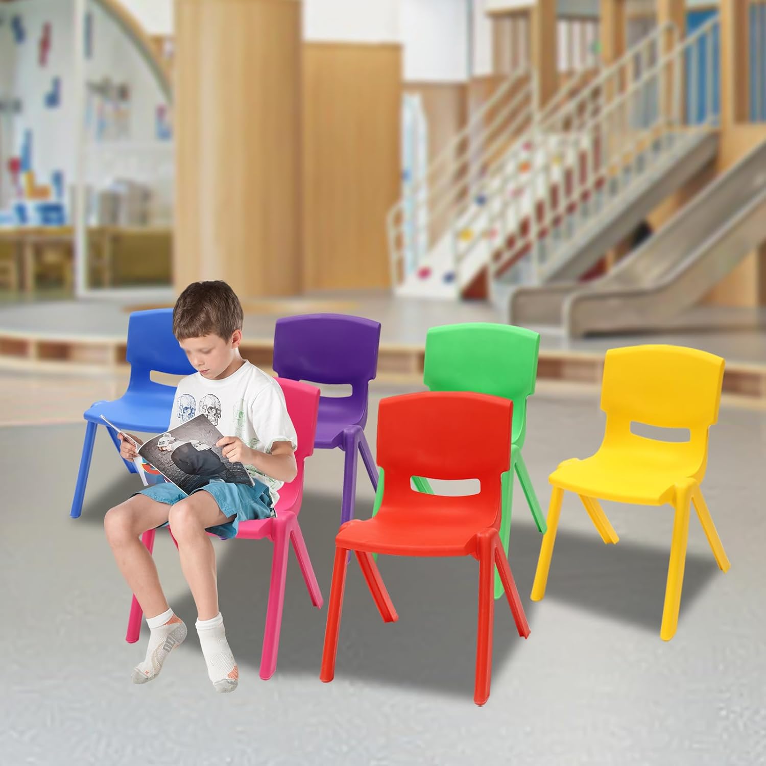 6 Pack Kids Learning Stool, Stackable School Chairs with 11 inch Seat Height, Toddler and Kids Plastic Chair Fit for Playrooms, Daycare, Schools, Outdoor, Home (Multicolor)