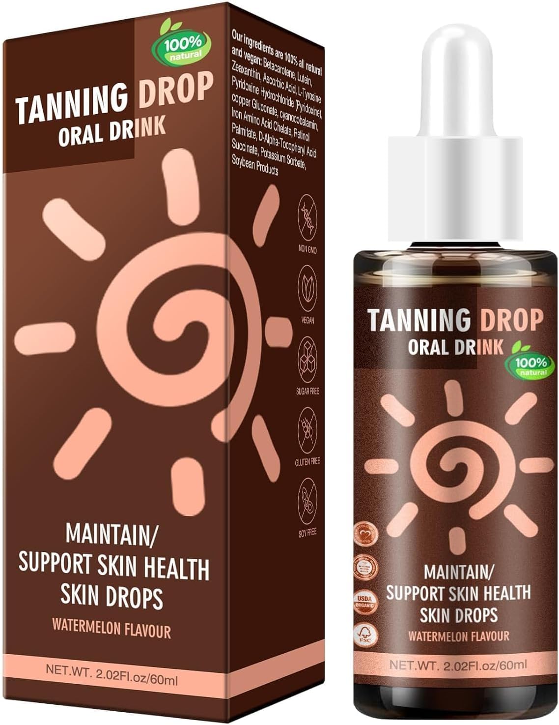 60 ml krople do opalania do picia – samoopalacz i krople opalające dla naturalnej opalenizny bez słońca, serum do twarzy i ciała, delikatne opalanie dla mężczyzn i kobiet