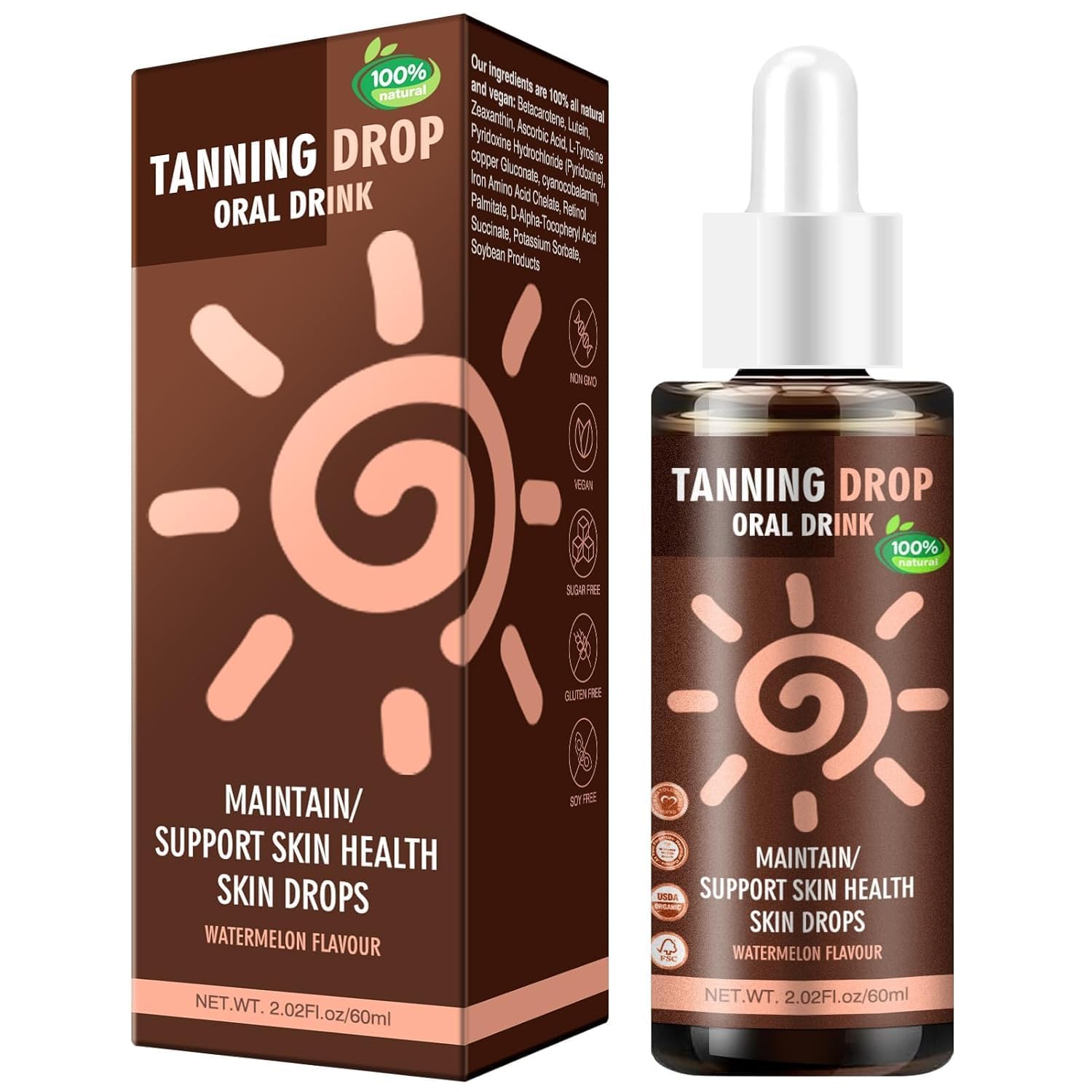 60 ml krople do opalania do picia – samoopalacz i krople opalające dla naturalnej opalenizny bez słońca, serum do twarzy i ciała, delikatne opalanie dla mężczyzn i kobiet
