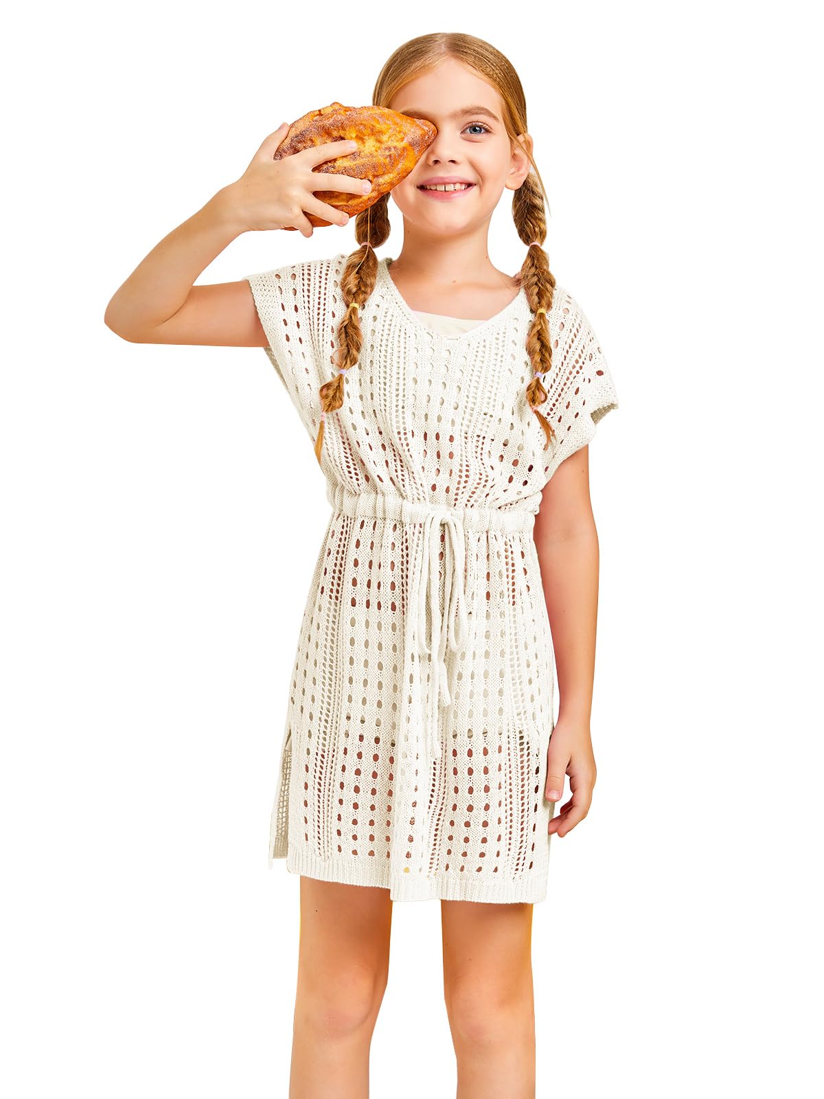 Haloumoning Girls Crochet Swim Beach Cover Up Short Sleeve Swimsuits Long Beach Dress 5-14 Years