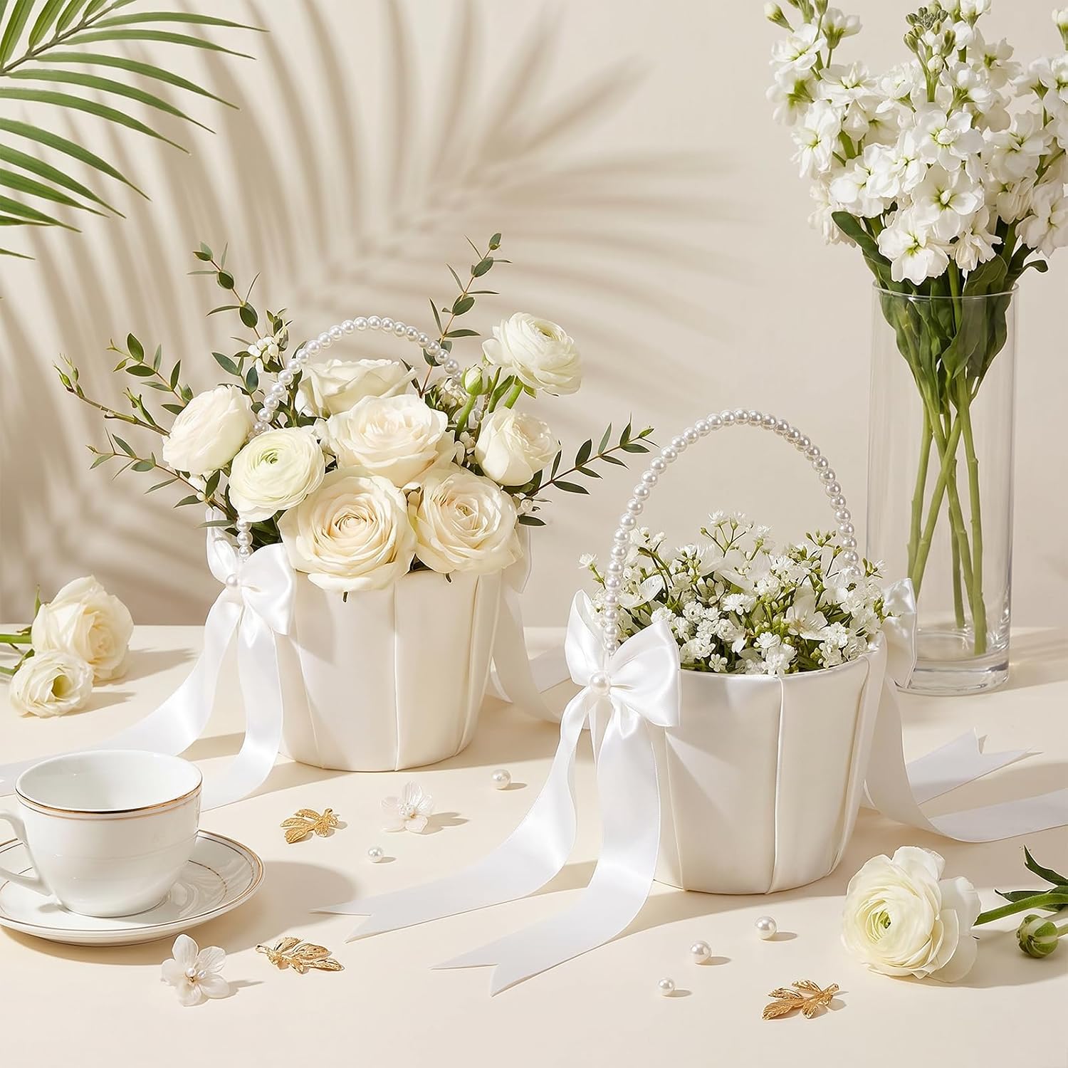 Set of 4 Wedding Flower Girl Basket with Headpiece | Ivory Flower Girl Basket with Pearl Handle & Ribbon Bow for Romantic Wedding Ceremony Decoration
