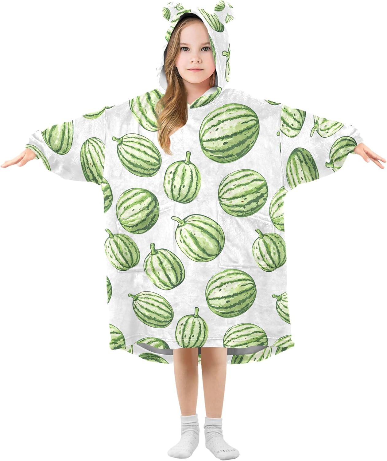 Watermelon Fruit Kids Wearable Blanket Hoodie with Pocket and Sleeves for Toddlers, Cute Hoodies 3-14 Year Girls Boys